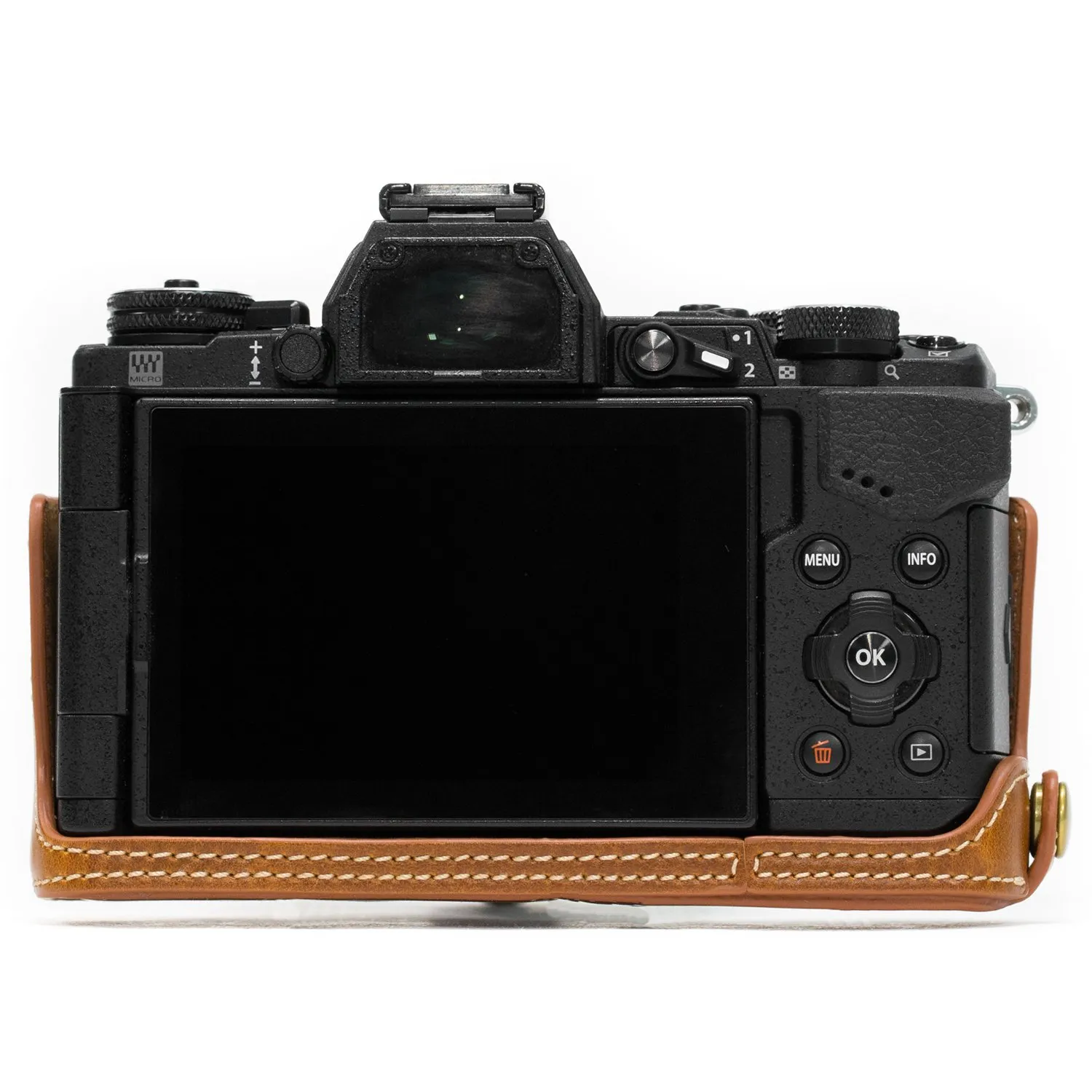 MegaGear E-M5 II Mezza Custodia Finta Pelle Marrone Chiaro