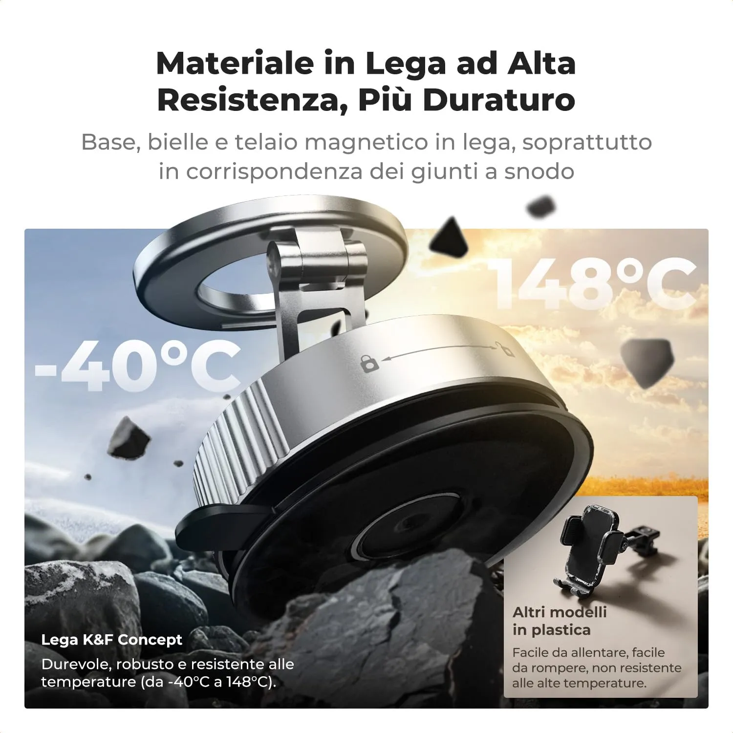 K&F Concept supporto telefono auto magnetico ventosa argento