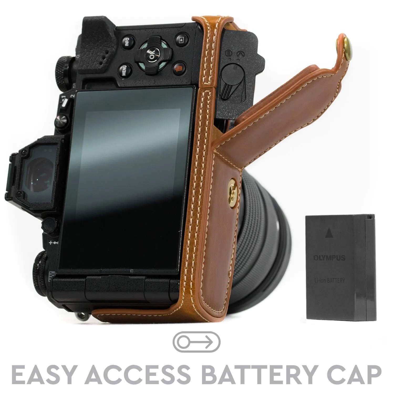 MegaGear E-M5 II Mezza Custodia Finta Pelle Marrone Chiaro