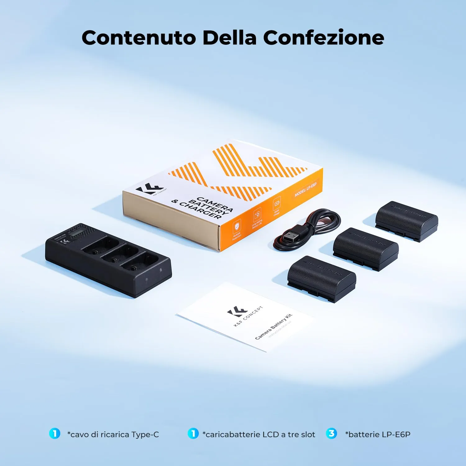 K&F Concept kit 3 batterie LP-E6P 2400mAh + caricabatterie Canon