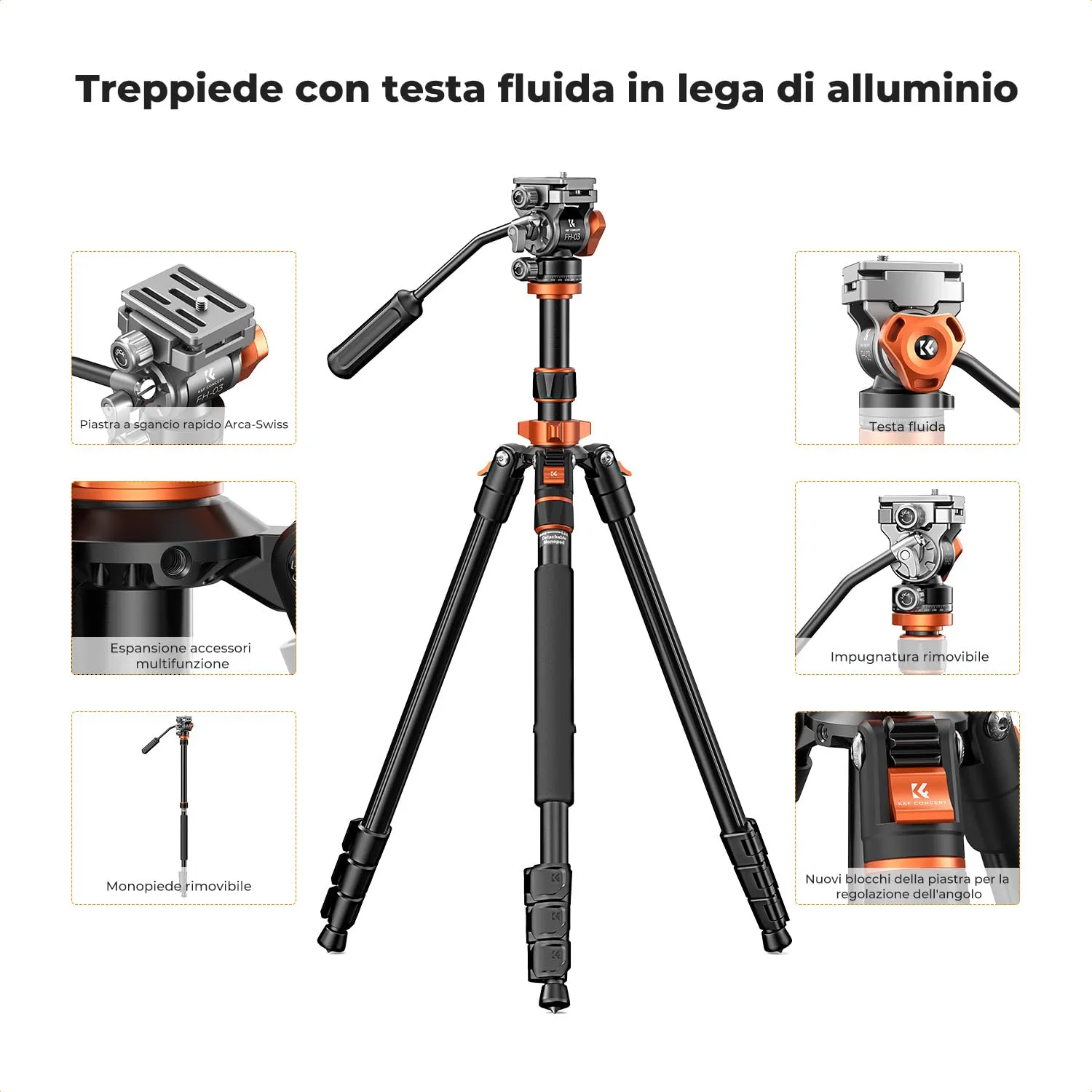 K&F Concept Treppiede 202 Cm Testa Idraulica 5 Kg Monopiede