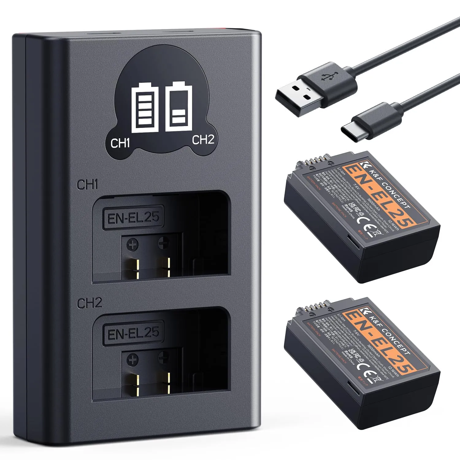 K&F Concept EN-EL25 Kit 2 Batterie + Caricabatterie Doppio LCD