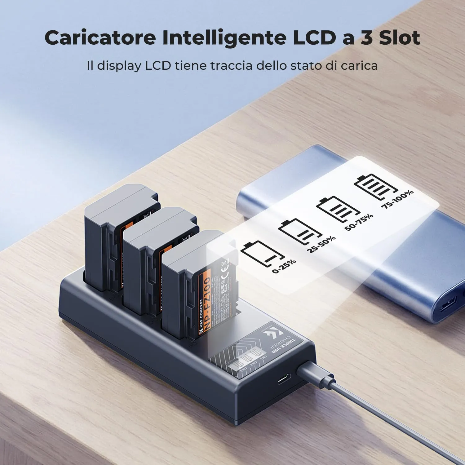 K&F Concept NP-FZ100 Batterie 3 Pezzi 2280mAh con Caricatore