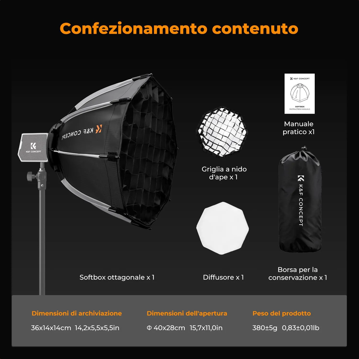 K&F Concept Mini Softbox Parabolico 40cm con Griglia Diffusore