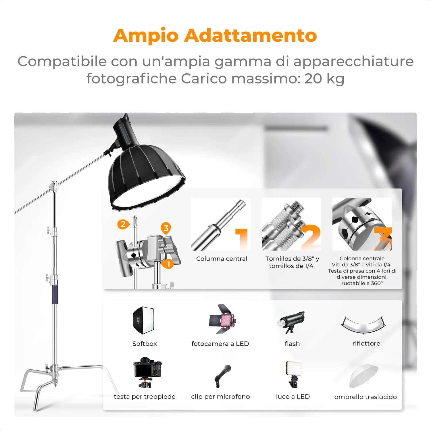 K&F Concept C Stand 330cm stativo acciaio 20kg