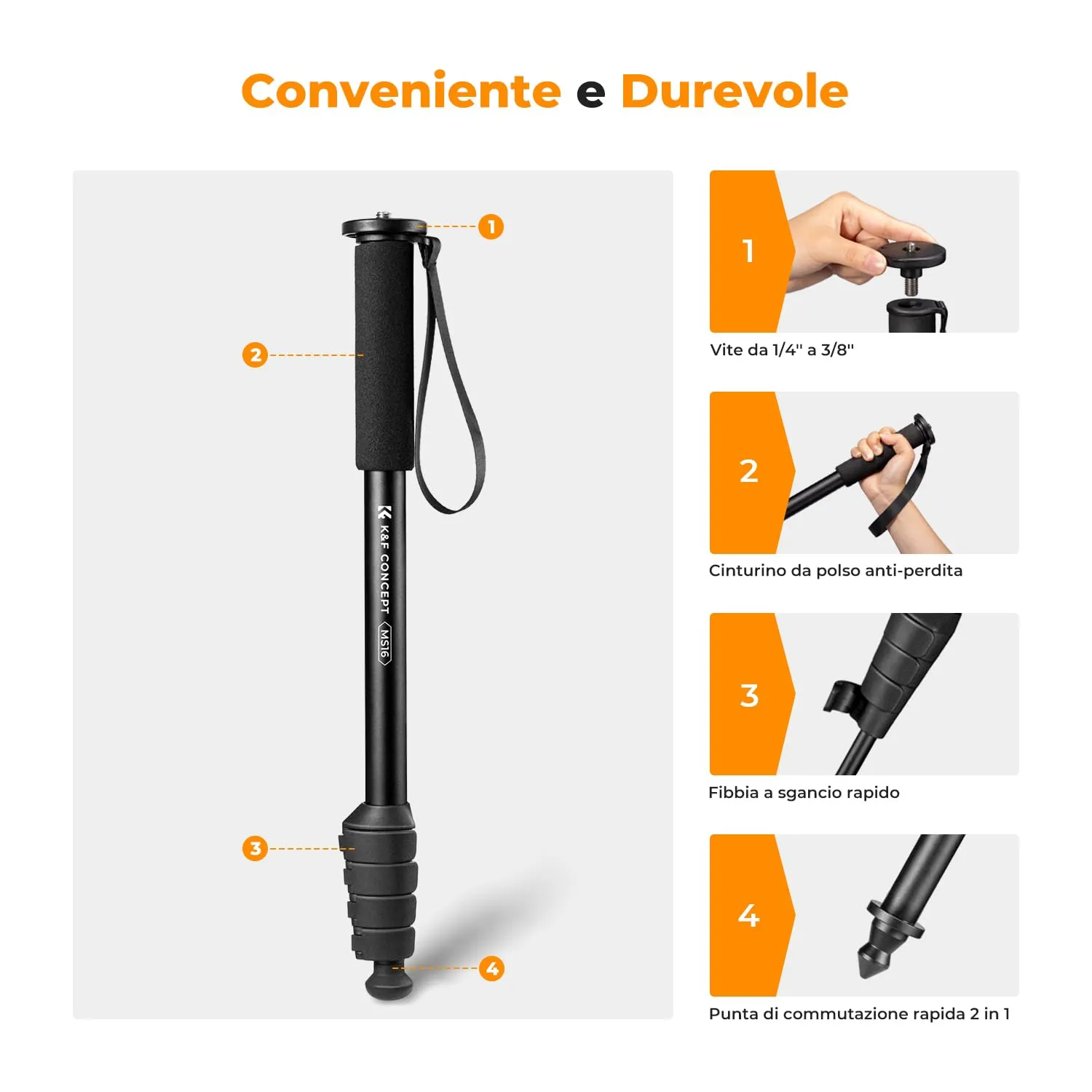 K&F Concept Monopiede 160cm Alluminio 10kg con Cinghia