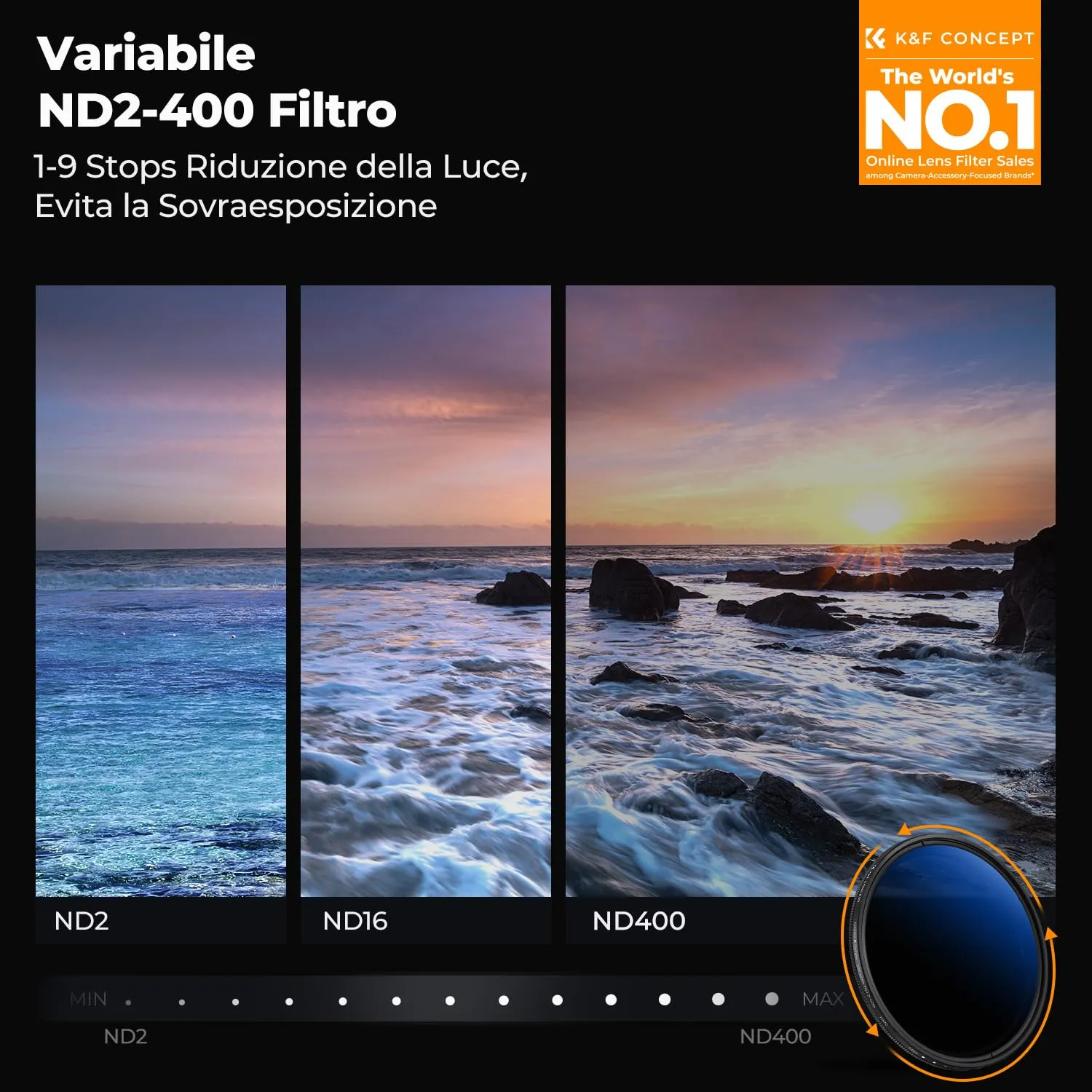 K&F Concept Nano-Klear filtro variabile ND2-400 77mm 9 stop