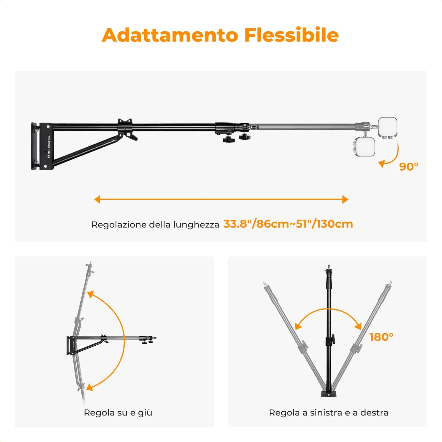 K&F Concept braccio triangolare parete 130cm metallo 1/4"-3/8"