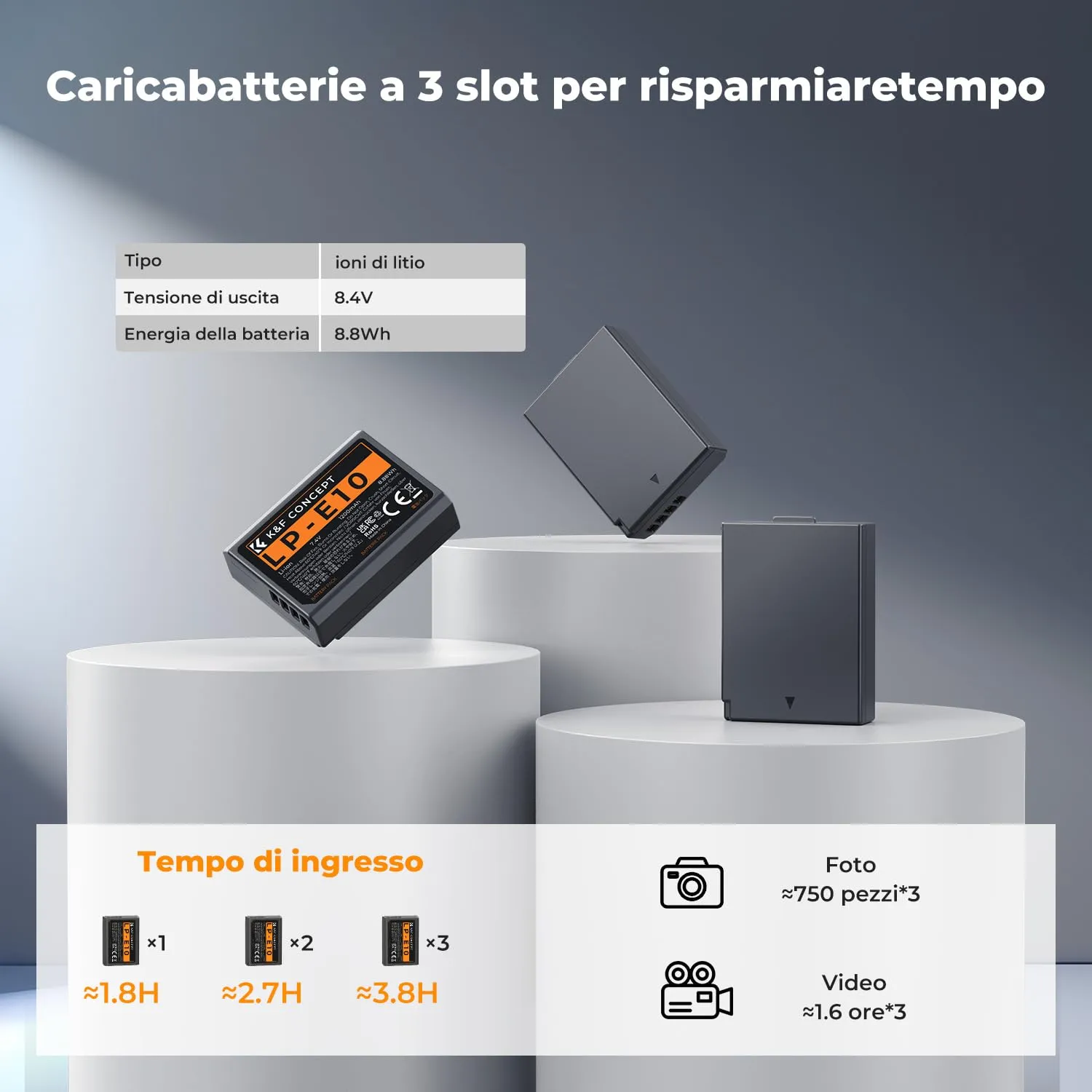 K&F Concept LP-E10 Batterie 1200mAh Kit 3+Caricatore LCD