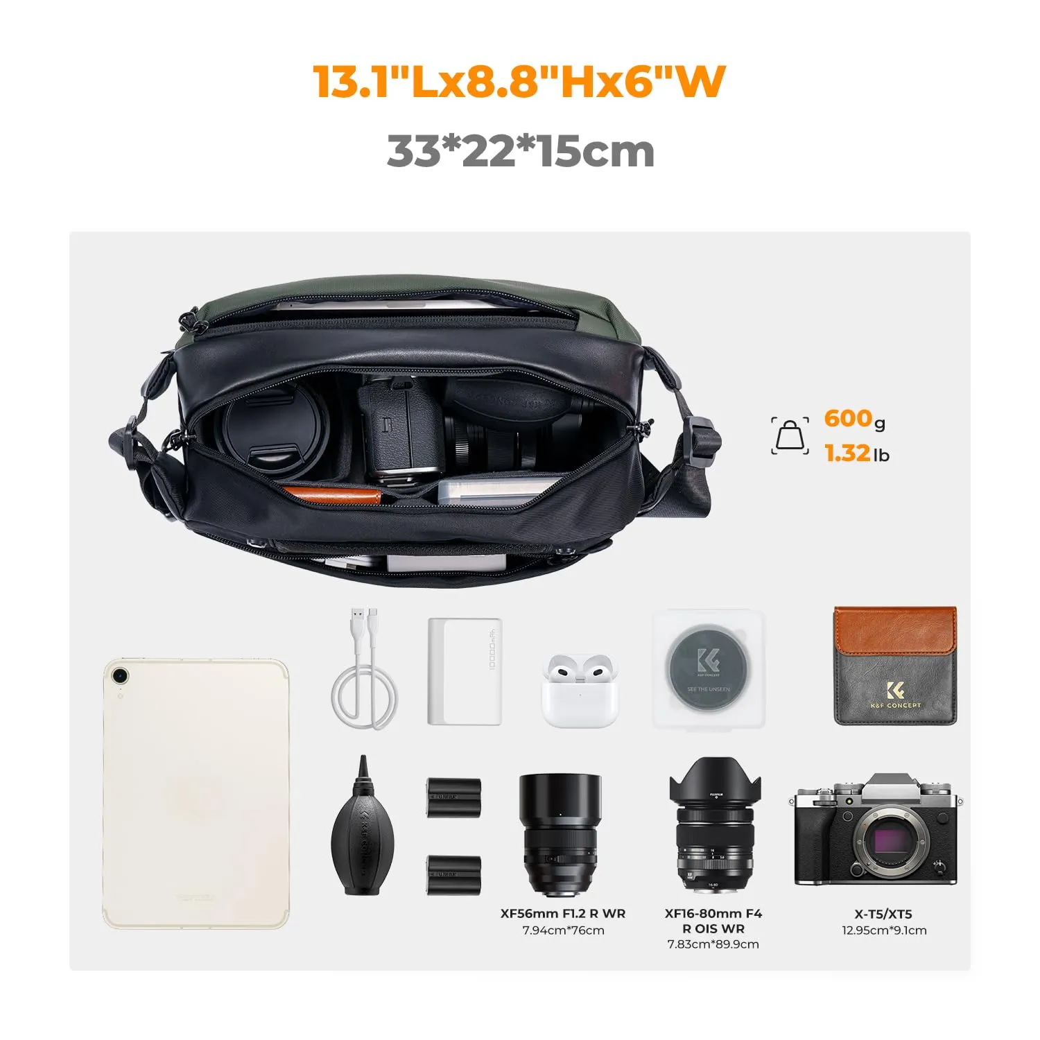 K&F Concept Borsa Tracolla Fotocamera M Verde Nero Impermeabile