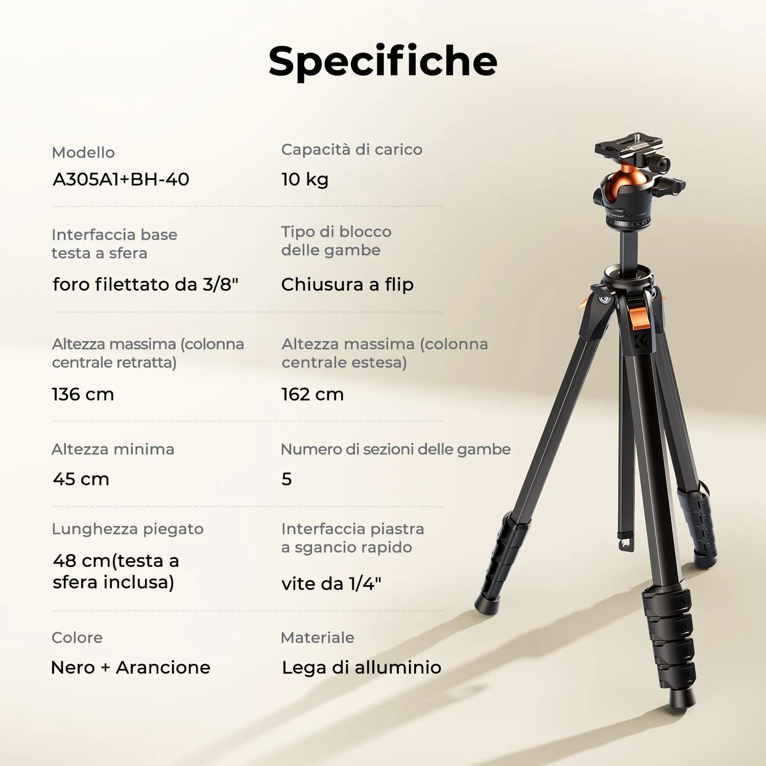 K&F Concept Treppiede 162cm Testa a Sfera 10kg