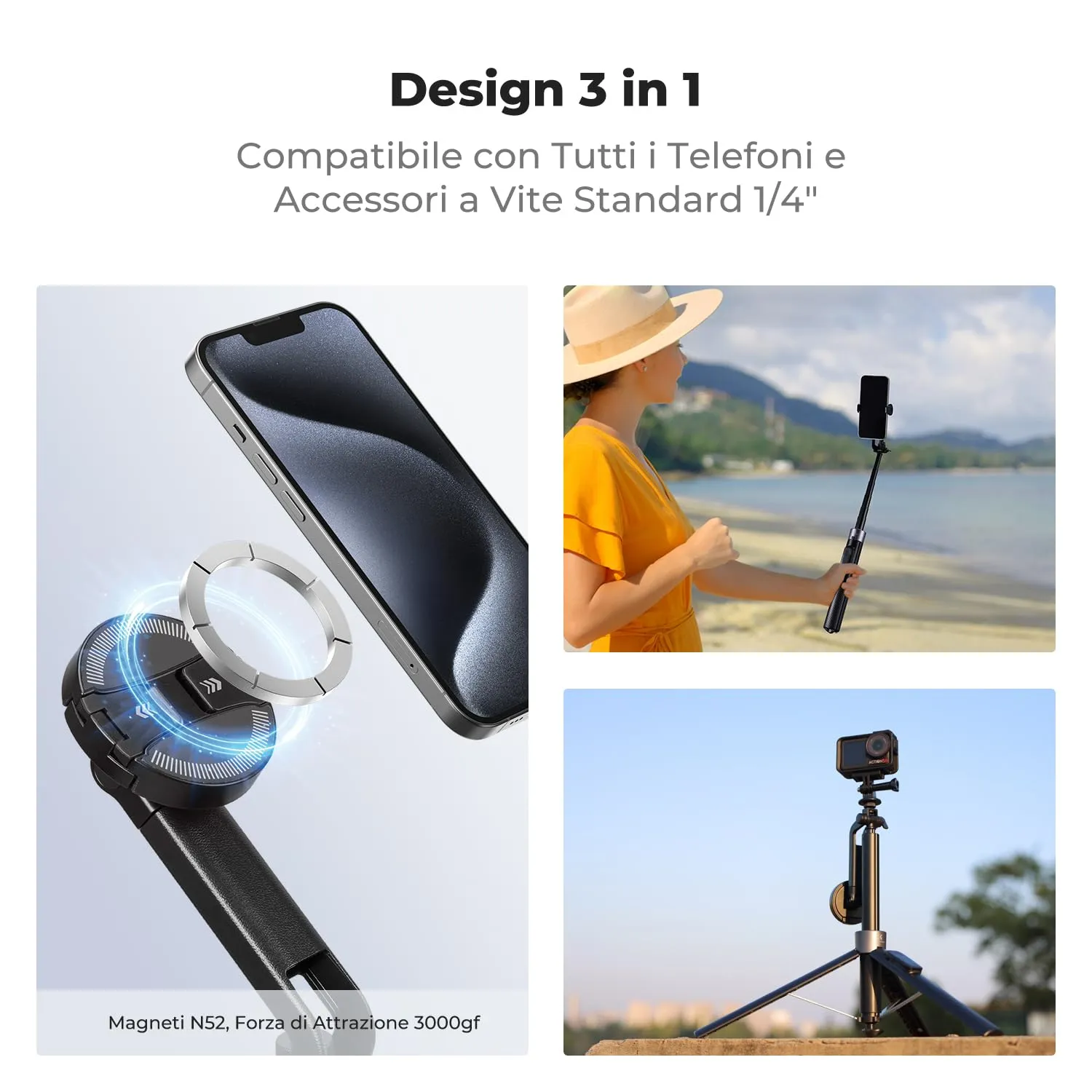 K&F Concept Treppiede Magnetico 3-in-1 Selfie Stick Nero 180cm Bluetooth