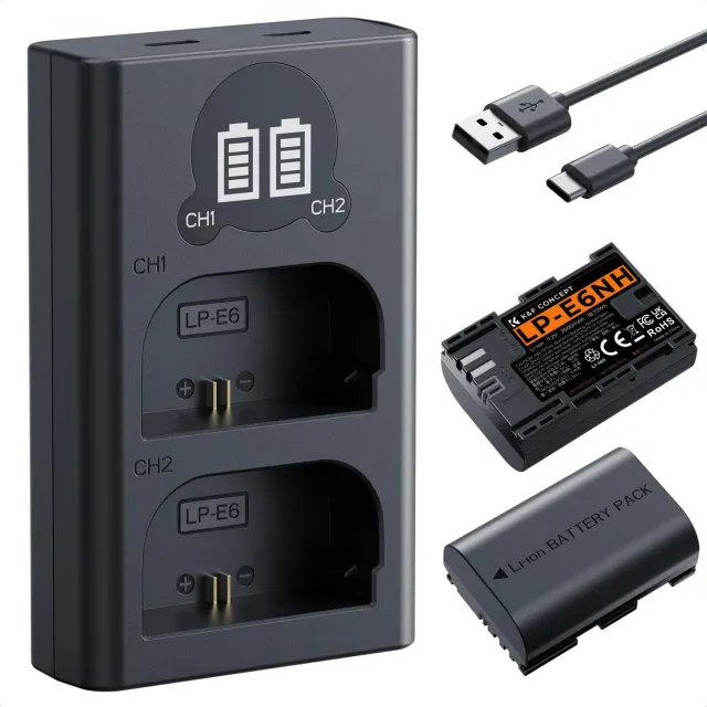 K&F Concept LP-E6NH Batteria 2600mAh + Caricatore LCD 2 Slot