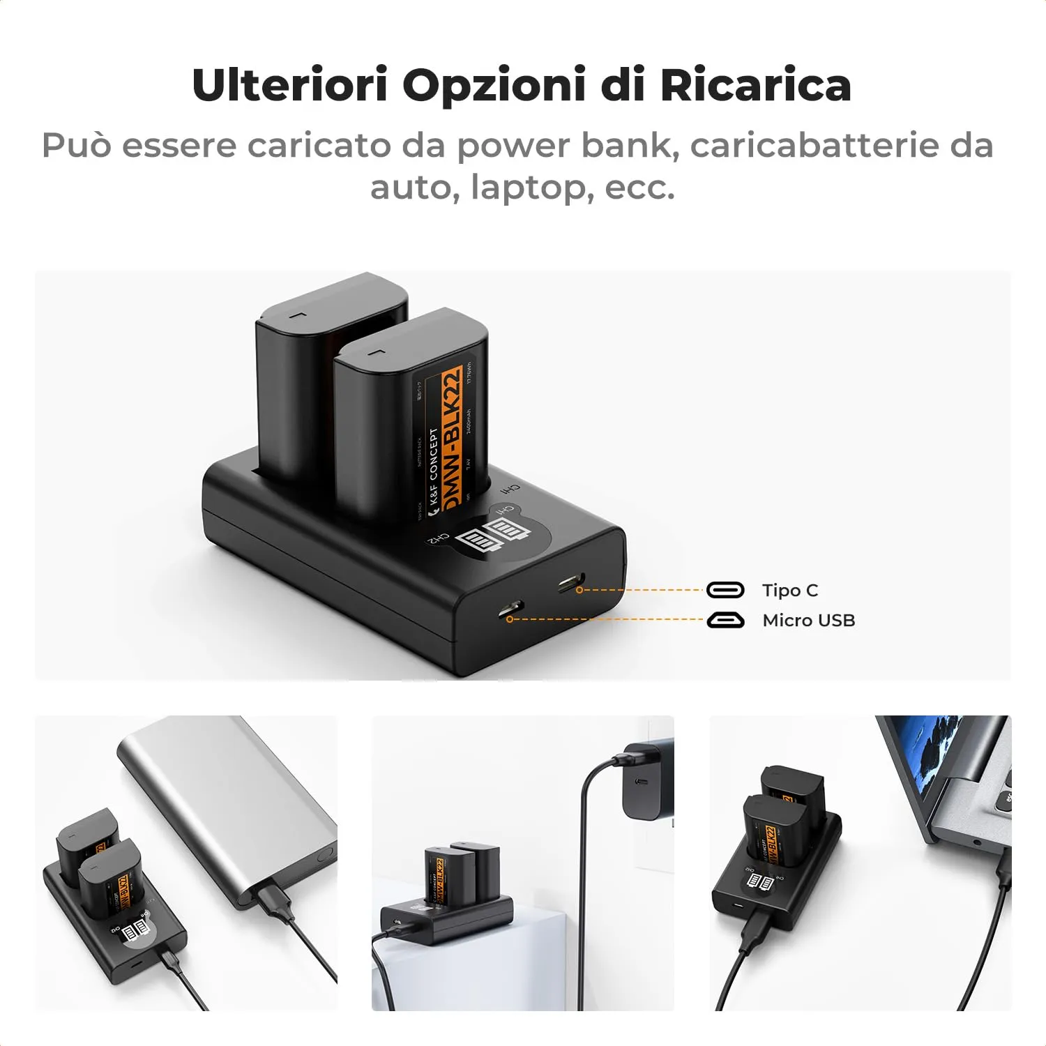 K&F Concept DMW-BLK22 batteria fotocamera 2x2400mAh kit caricatore