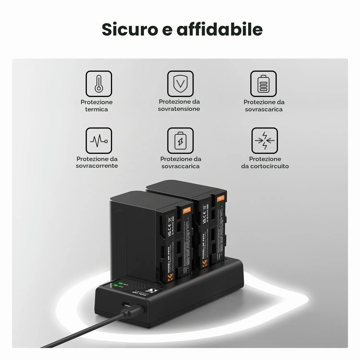 K&F Concept NP-F970 Batterie 6600mAh 2pz + Caricabatterie LED