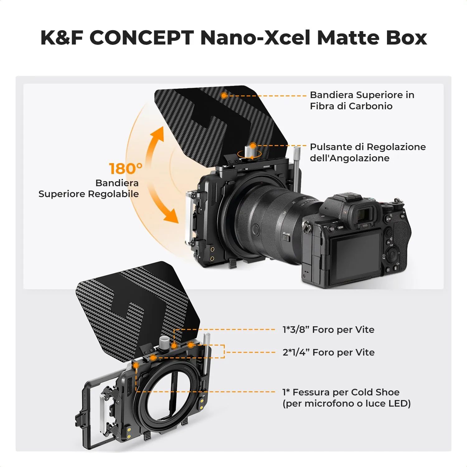 K&F Concept Mini Matte Box carbonio con bandiera superiore