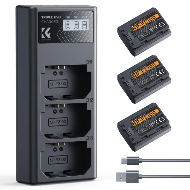 K&F Concept NP-FZ100 Batterie 3 Pezzi 2280mAh con Caricatore