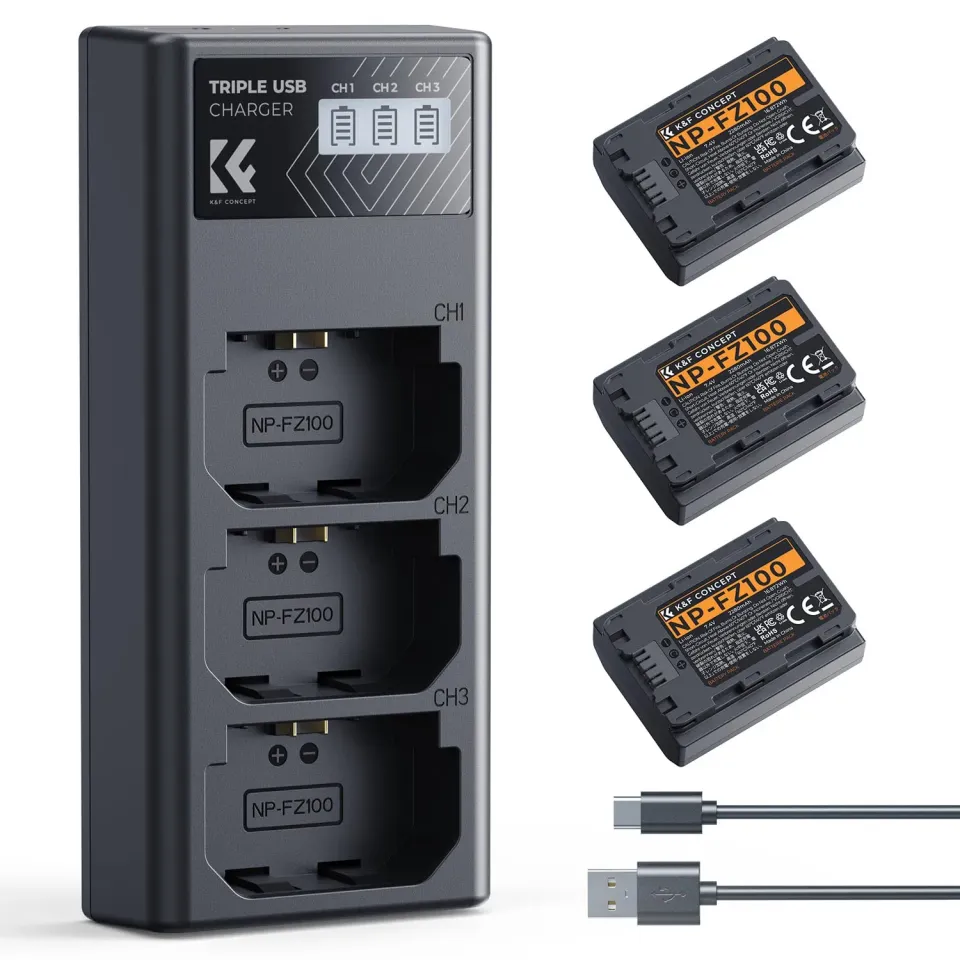 K&F Concept NP-FZ100 Batterie 3 Pezzi 2280mAh con Caricatore