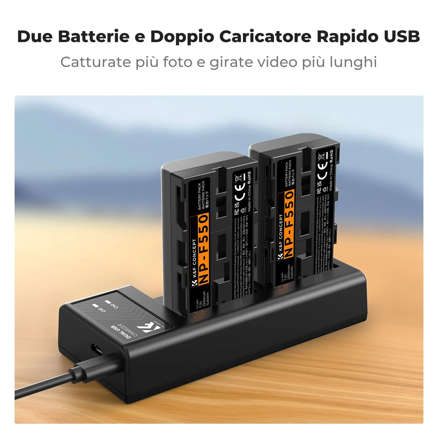 K&F Concept NP-F550 batterie 2x 2200mAh + caricatore