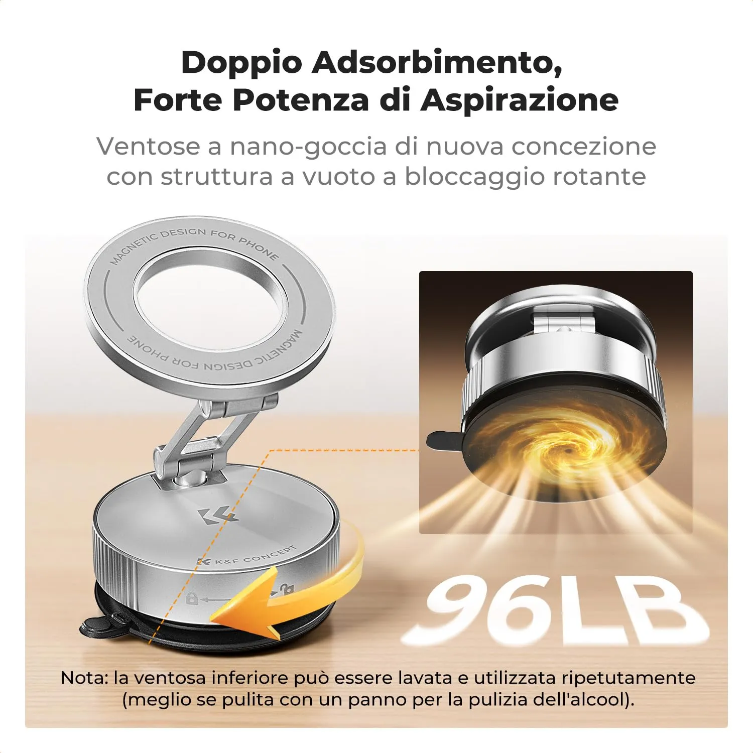 K&F Concept supporto telefono auto magnetico ventosa argento