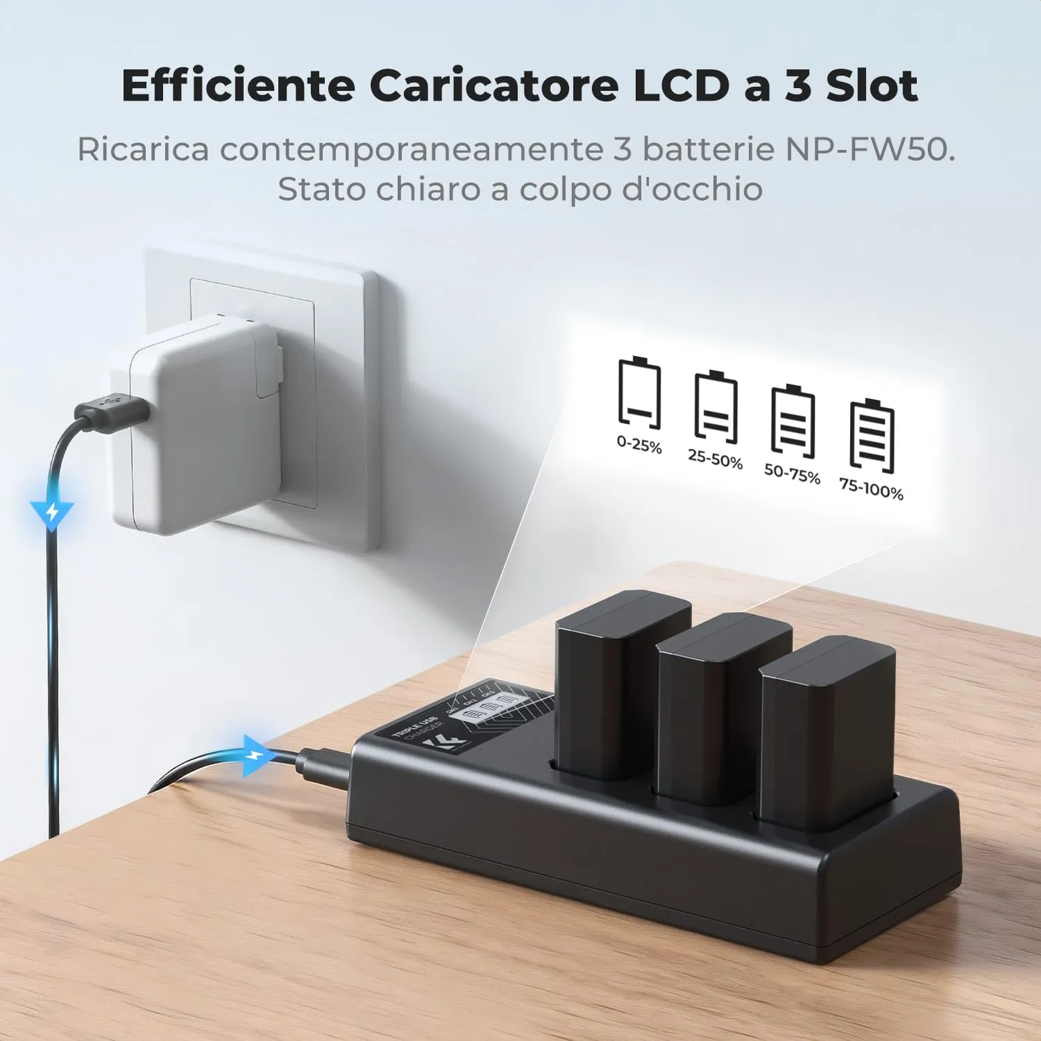 K&F Concept NP-FW50 batteria + caricabatterie 3 slot LCD