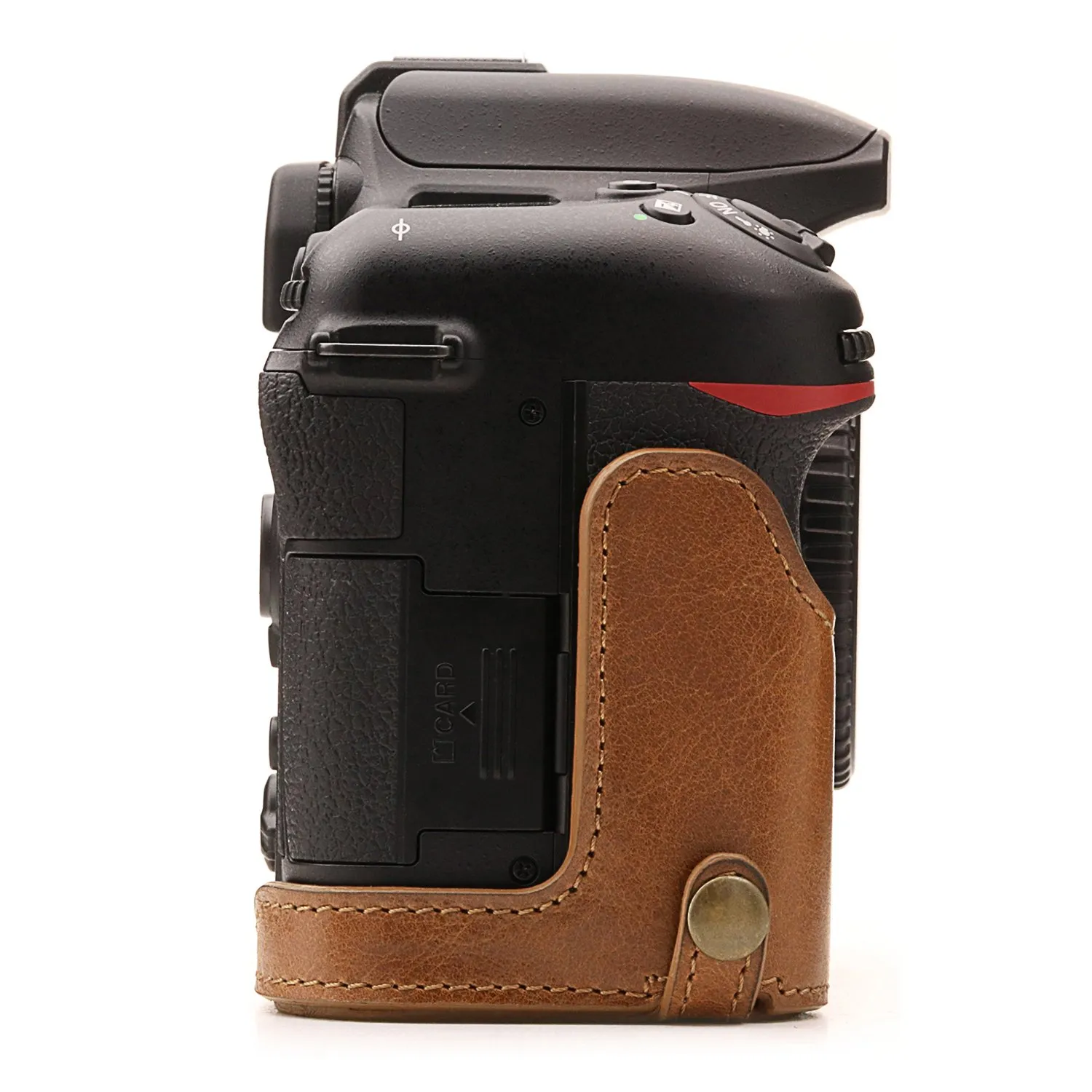 MegaGear Custodia in vera pelle Nikon D7500 half-case aperta