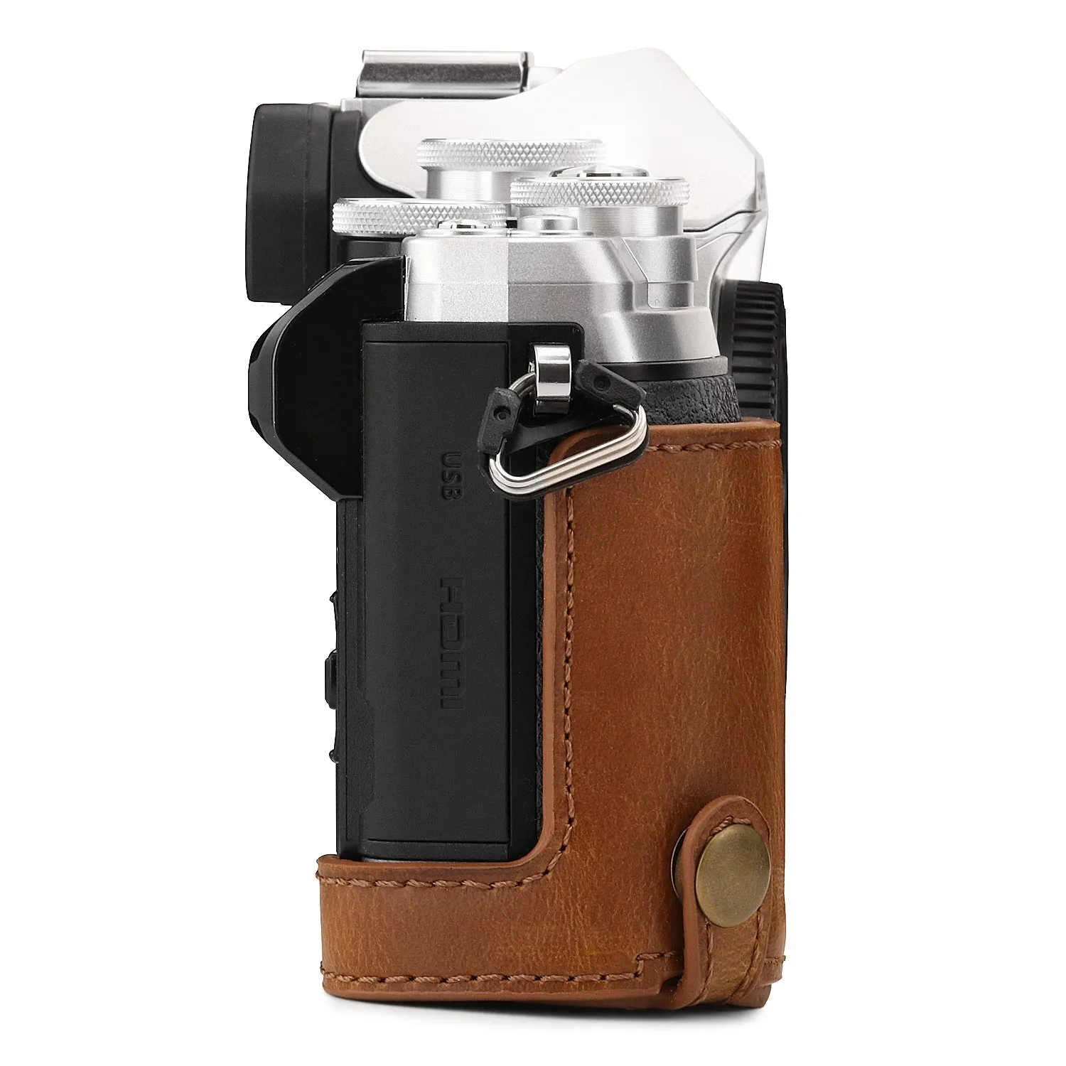 MegaGear Ever Ready mezza custodia pelle OM-D E-M10 Mark III marrone chiaro