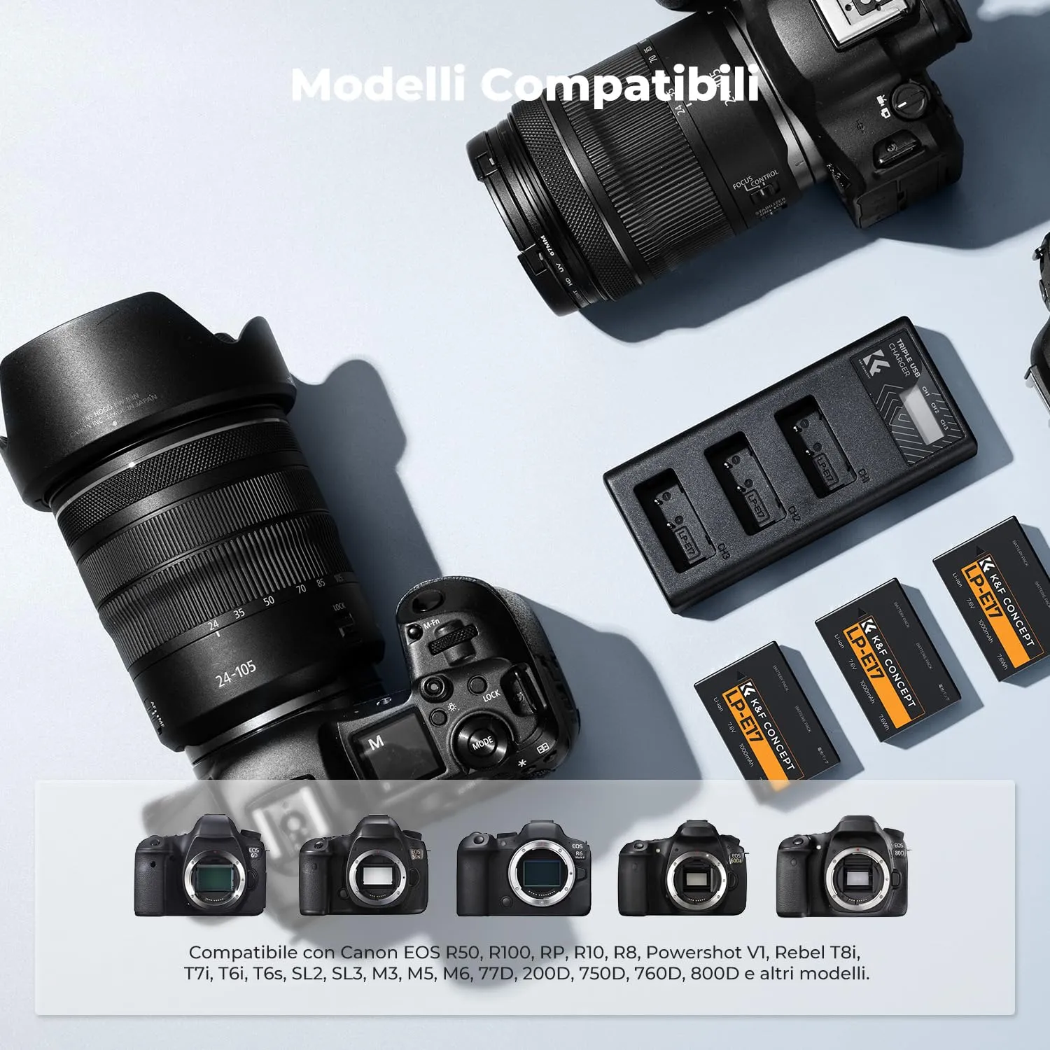 K&F Concept LP-E17 Kit 3 Batterie + Caricatore LCD Canon
