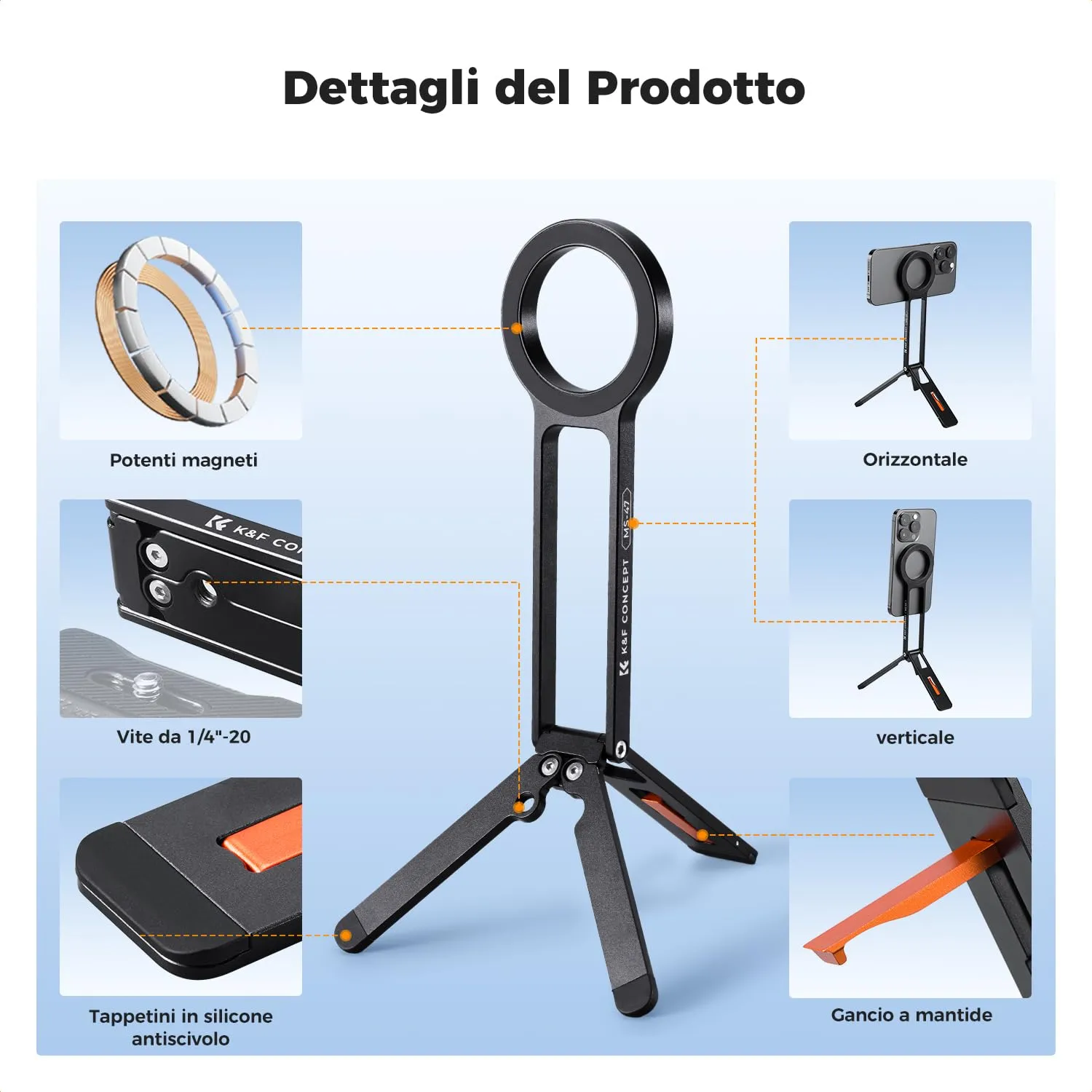 K&F Concept Mini Treppiede Magnetico Smartphone Nero MagSafe