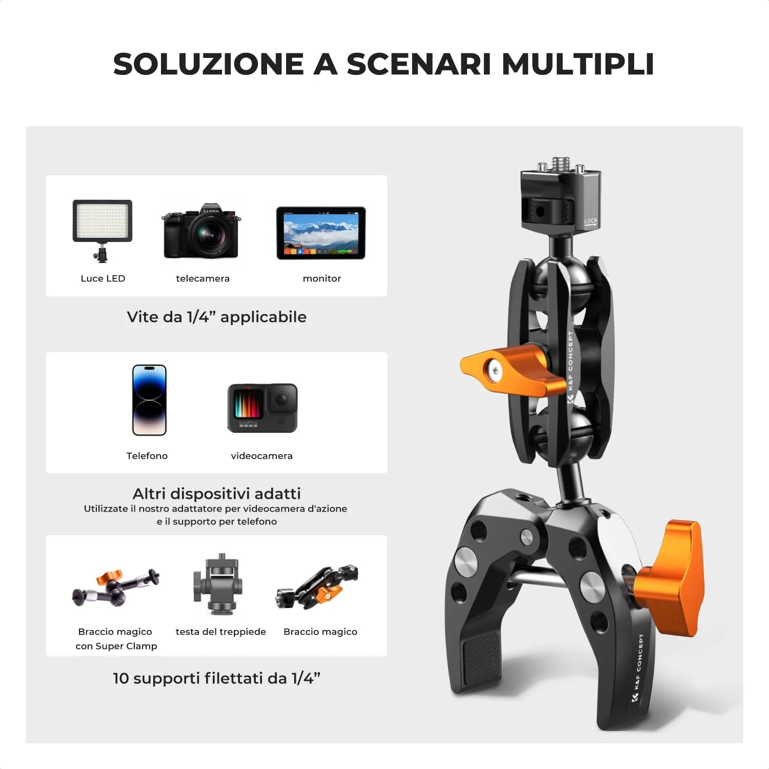 K&F Concept Magic Arm braccio articolato Super Clamp 5kg 1/4"