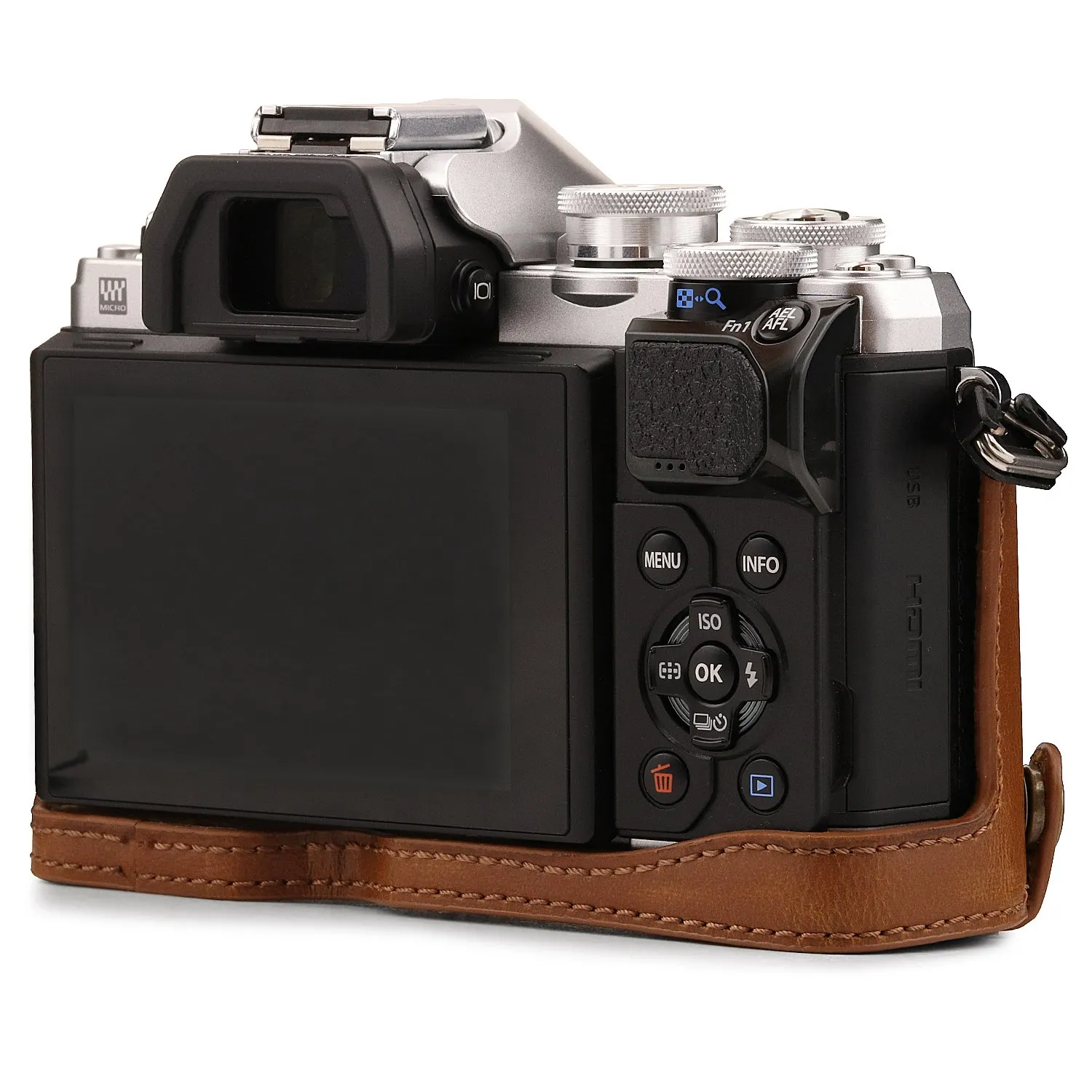 MegaGear Ever Ready mezza custodia pelle OM-D E-M10 Mark III marrone chiaro