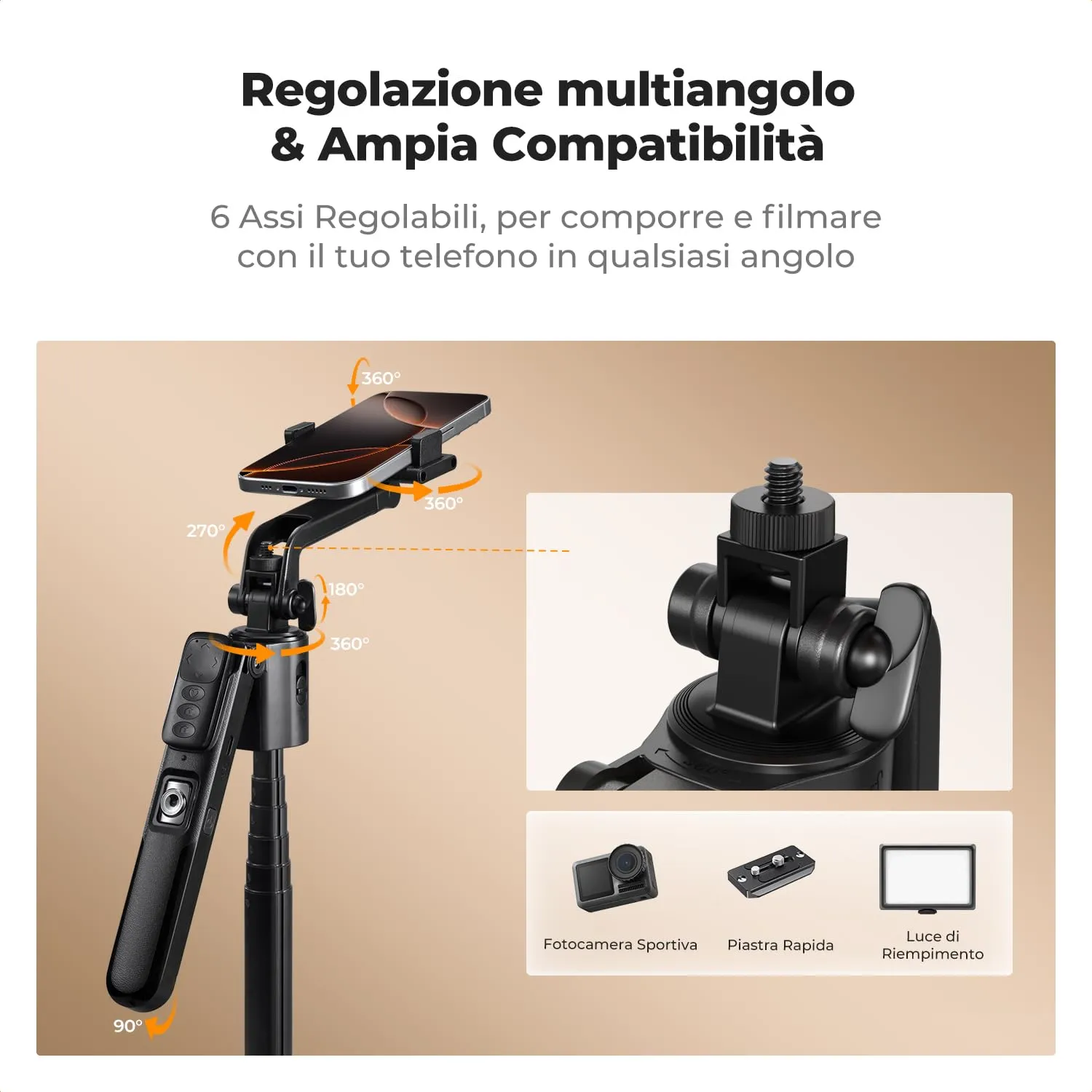 Concept Asta Selfie 180cm Treppiede Smartphone con Luce Anello