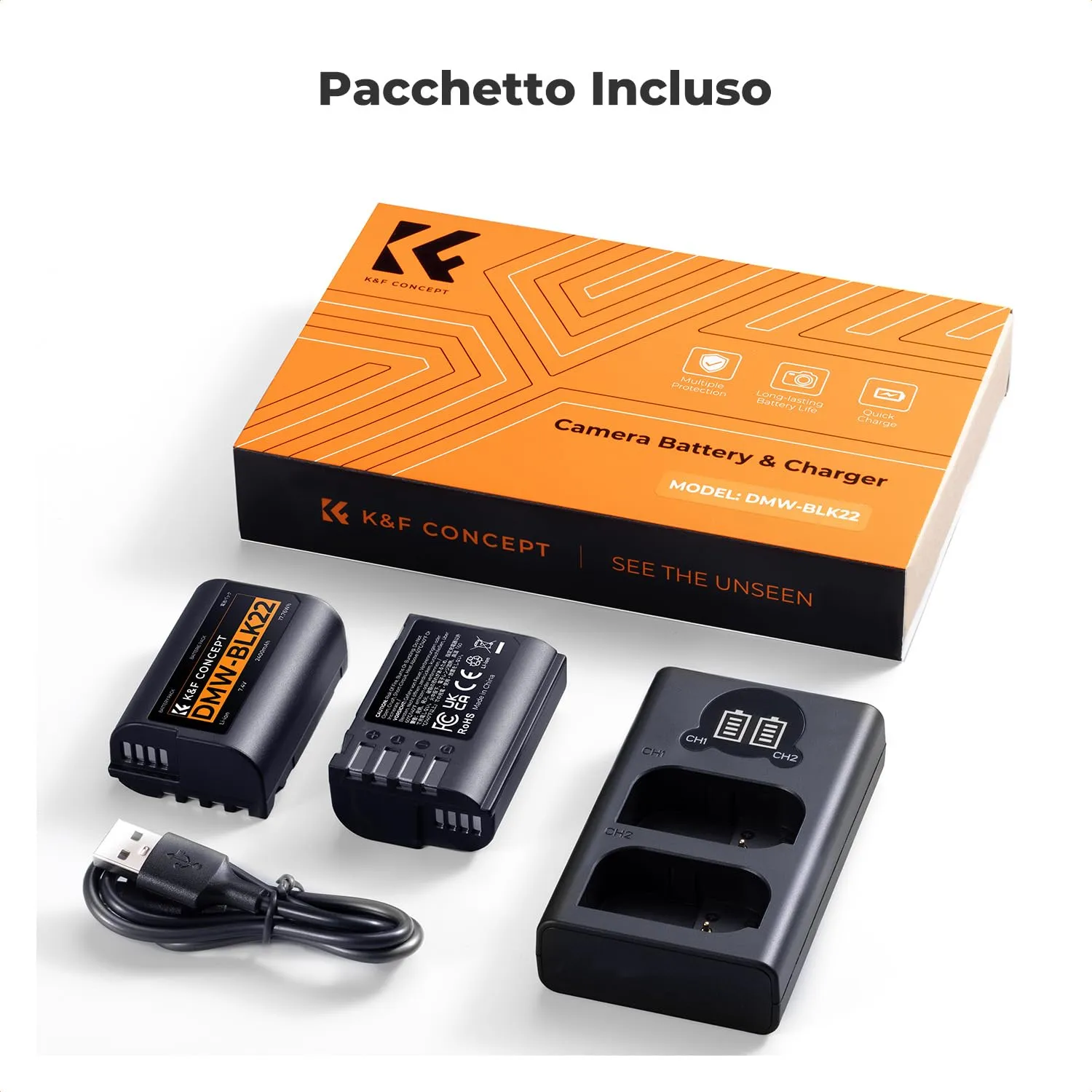 K&F Concept DMW-BLK22 batteria fotocamera 2x2400mAh kit caricatore