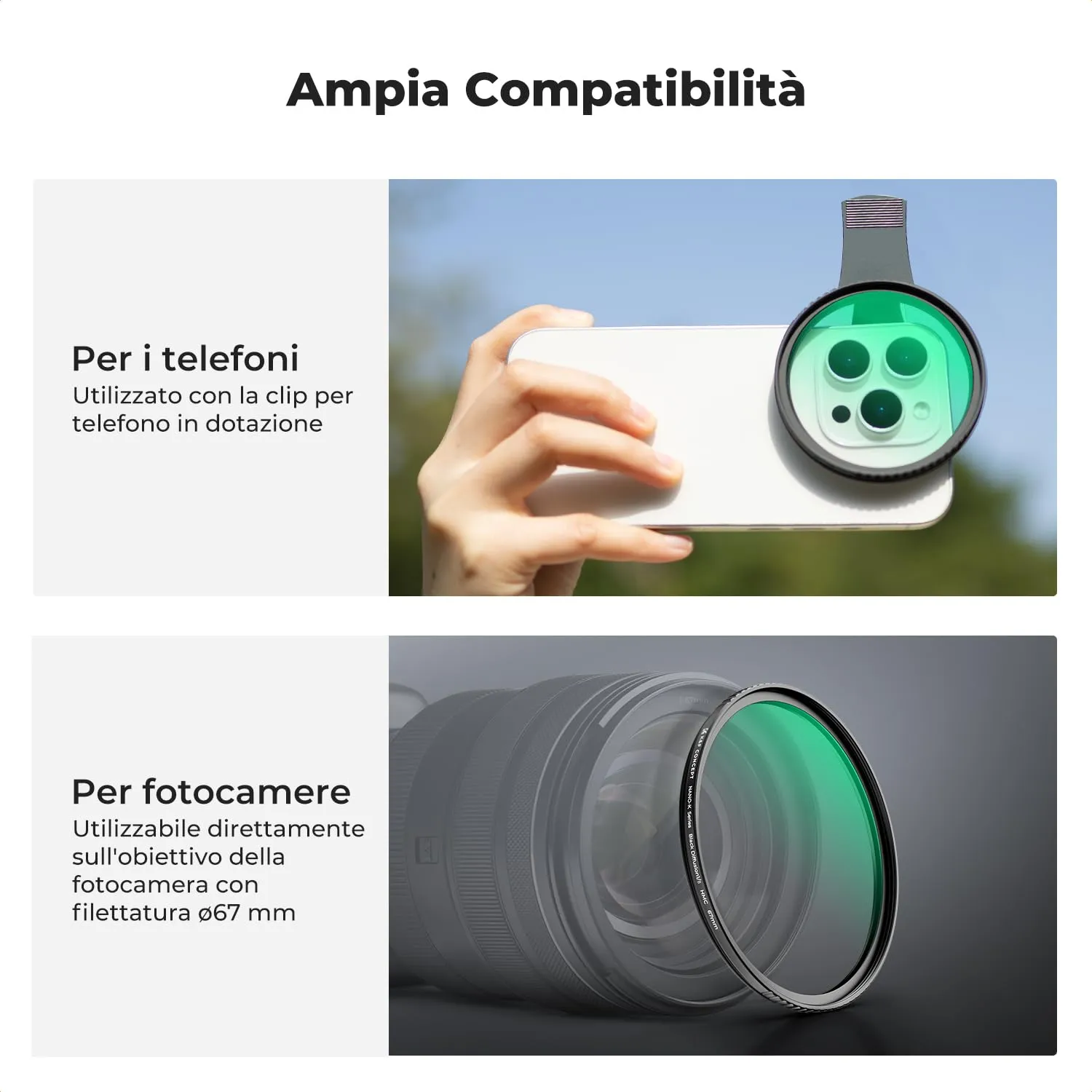 K&F Concept Black Mist 1/8 filtro smartphone 67mm con clip