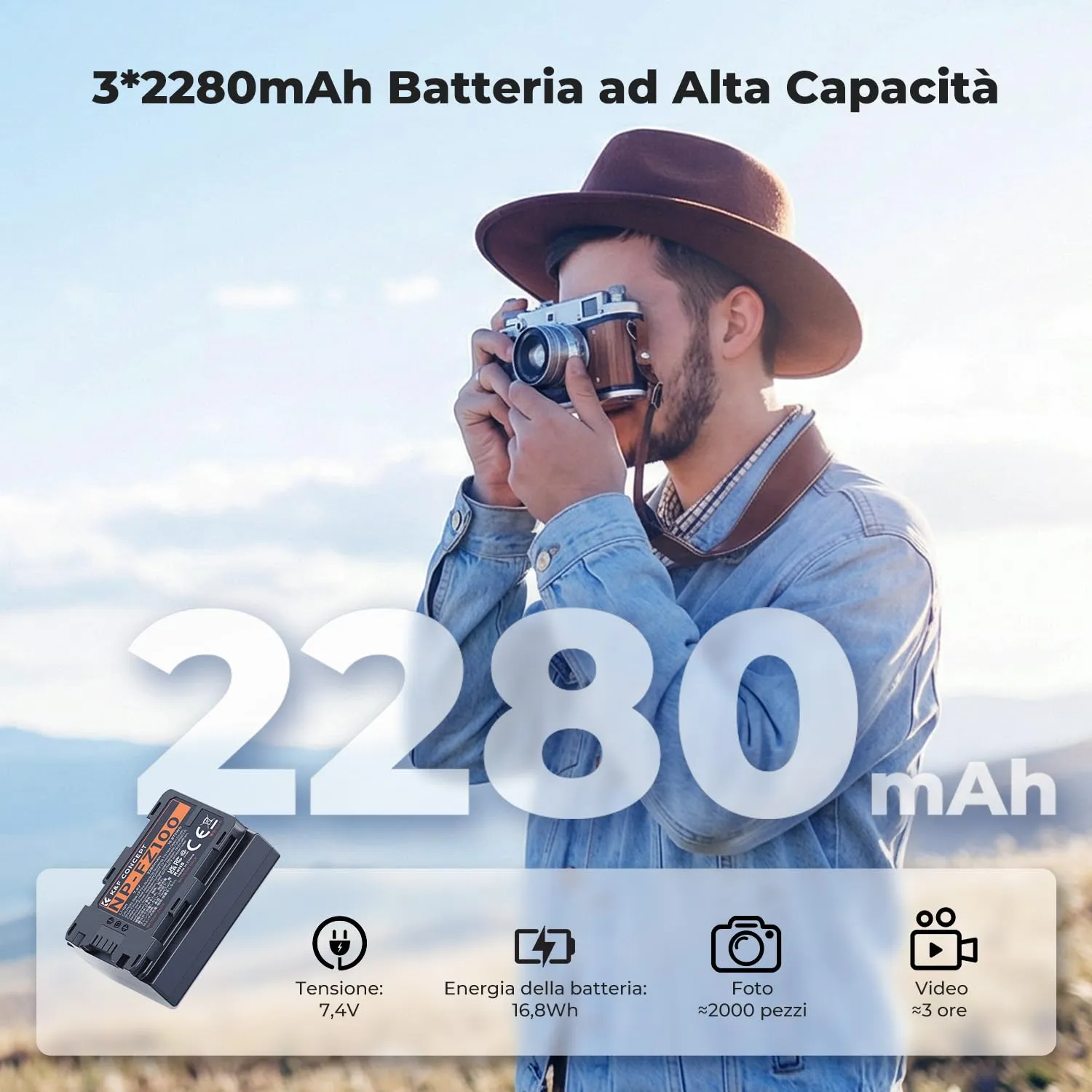 K&F Concept NP-FZ100 Batterie 3 Pezzi 2280mAh con Caricatore