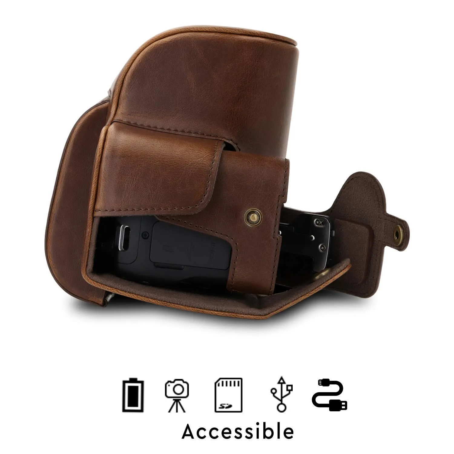 MegaGear Custodia Finta Pelle Canon SX70 HS Marrone Scuro