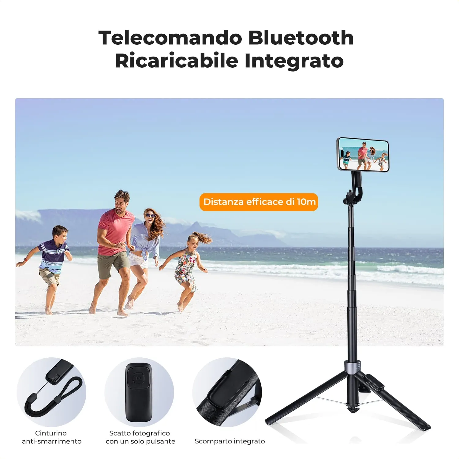 K&F Concept Treppiede Magnetico 3-in-1 Selfie Stick Nero 180cm Bluetooth