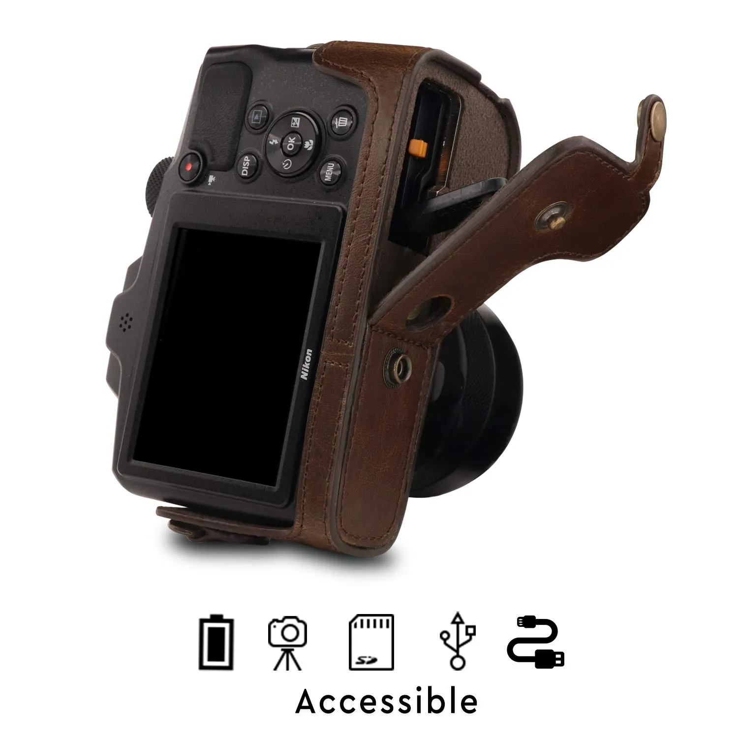 MegaGear custodia Nikon Coolpix B600 ecopelle marrone scuro