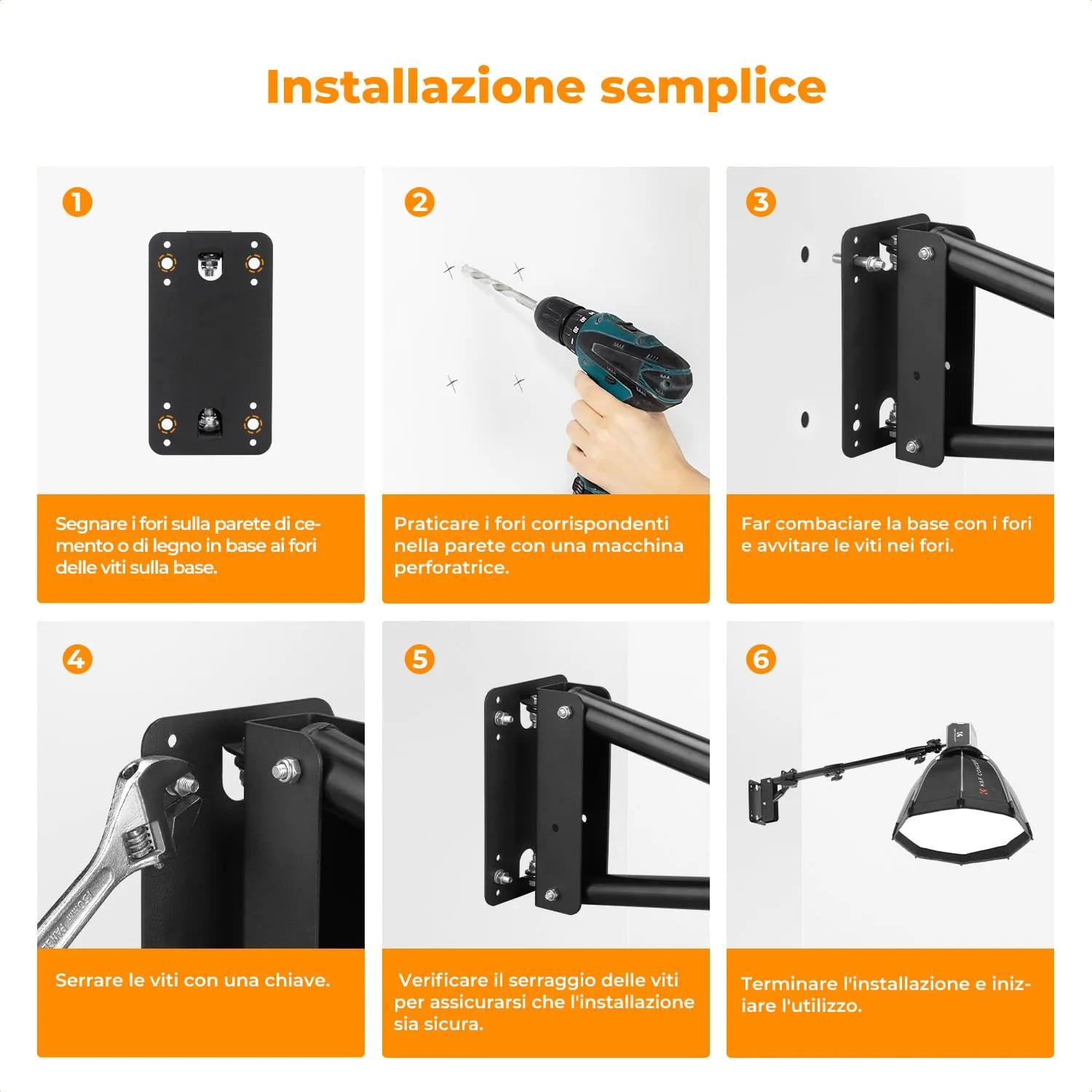K&F Concept braccio triangolare parete 130cm metallo 1/4"-3/8"