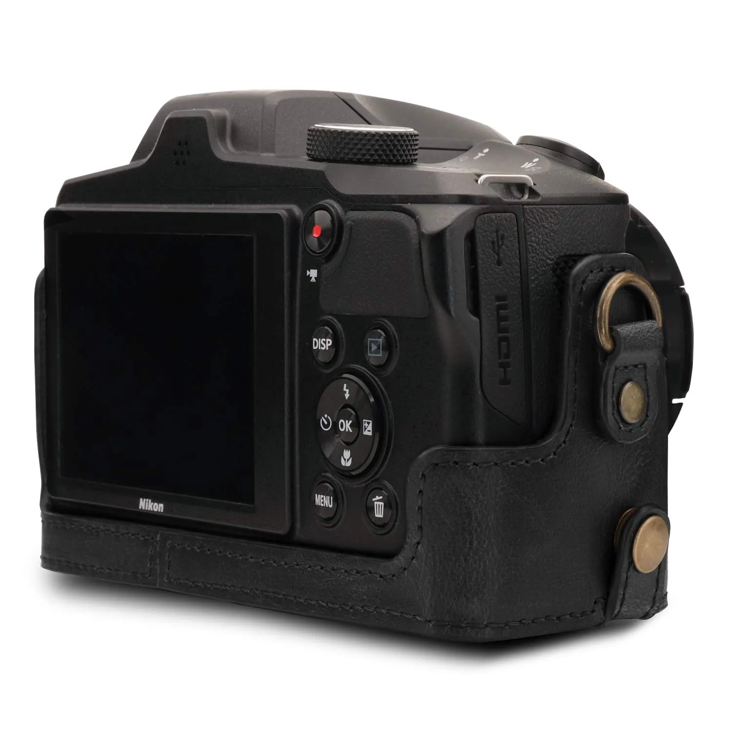 MegaGear custodia fotocamera Nikon Coolpix B600 nero finta pelle