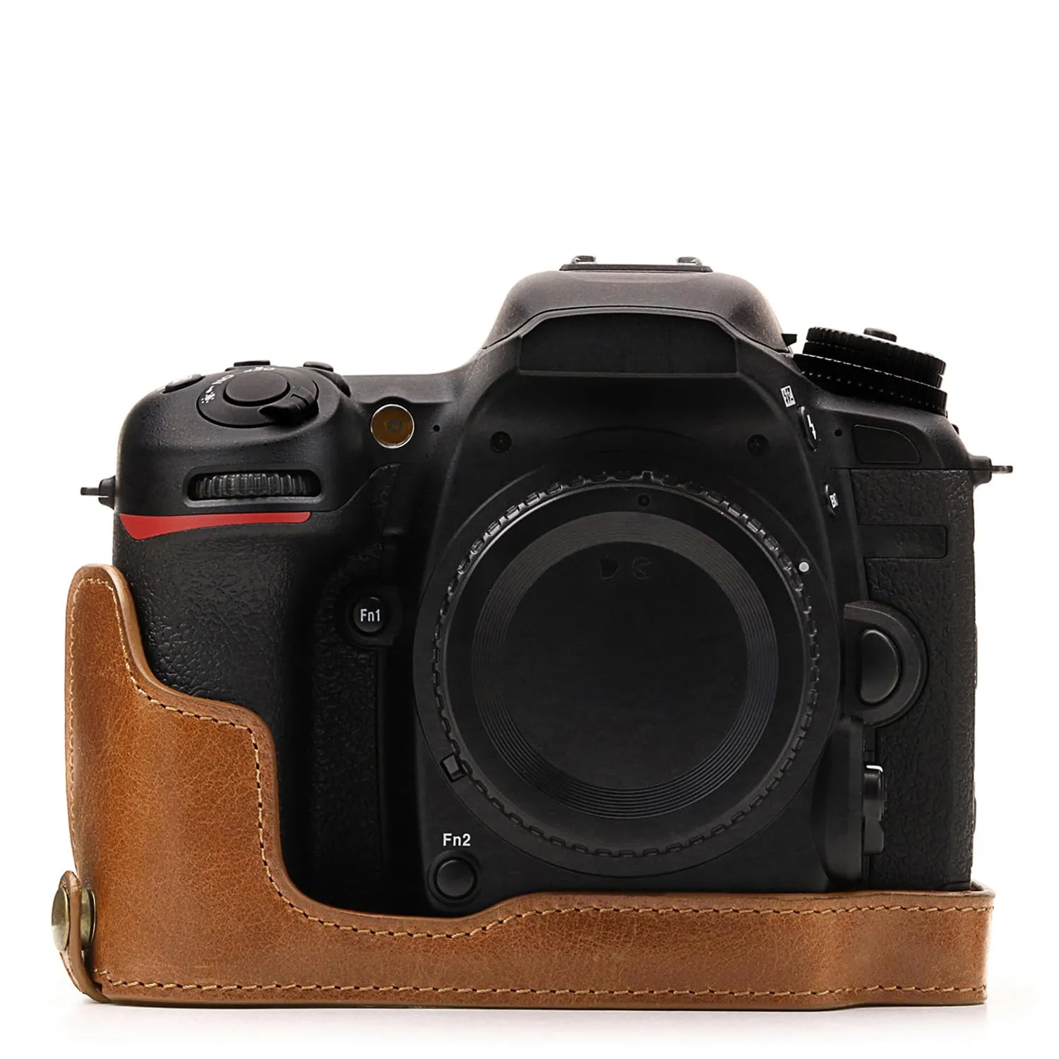 MegaGear Custodia in vera pelle Nikon D7500 half-case aperta