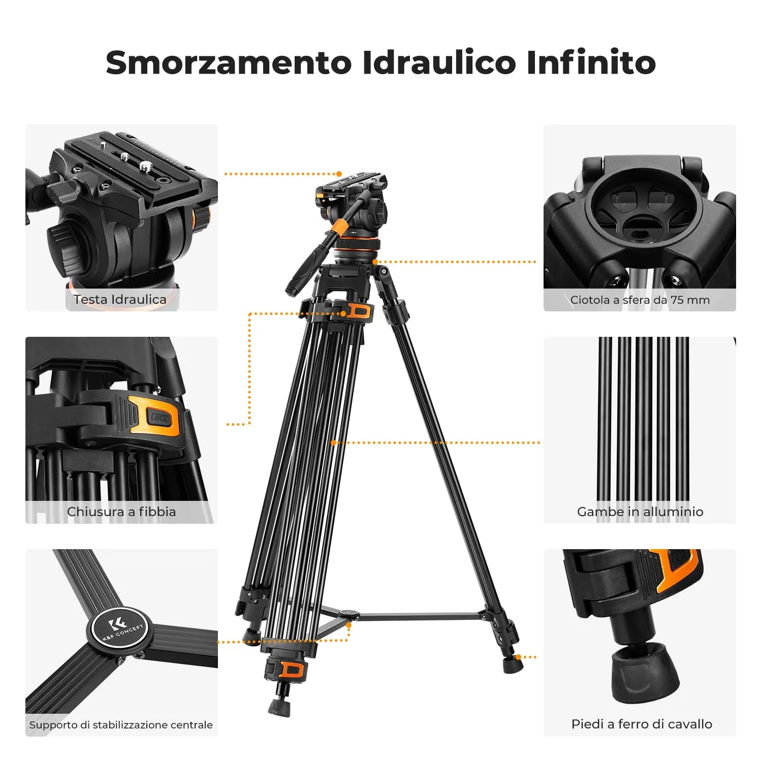 K&F Concept treppiede video 191cm 10kg testa fluida
