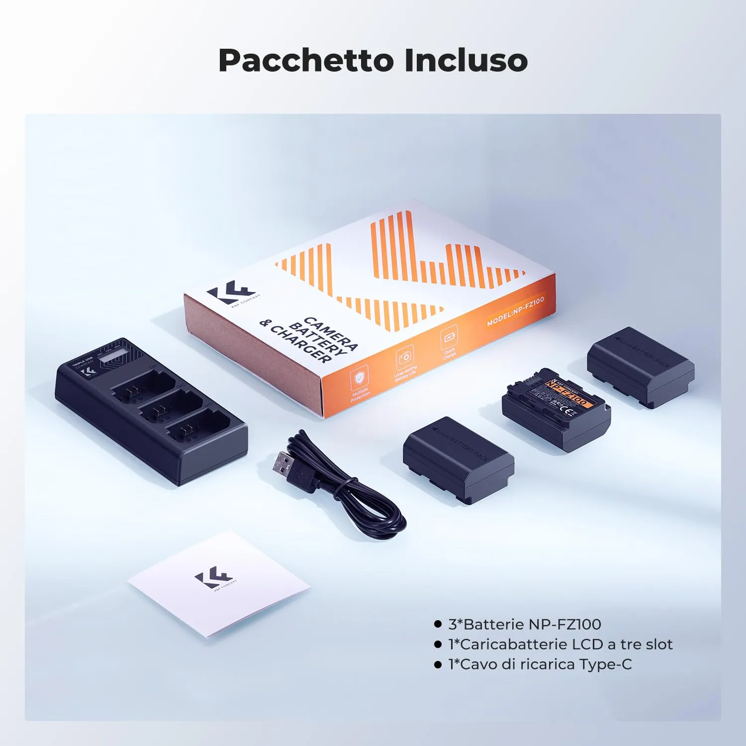 K&F Concept NP-FZ100 Batterie 3 Pezzi 2280mAh con Caricatore