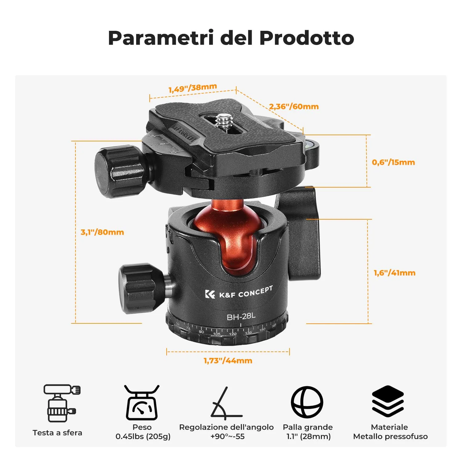K&F Concept KF-28 Testa a Sfera 28mm Nera 10kg