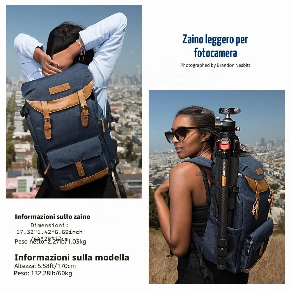 K&F Concept zaino fotografico 17L blu laptop 15,6" antifurto