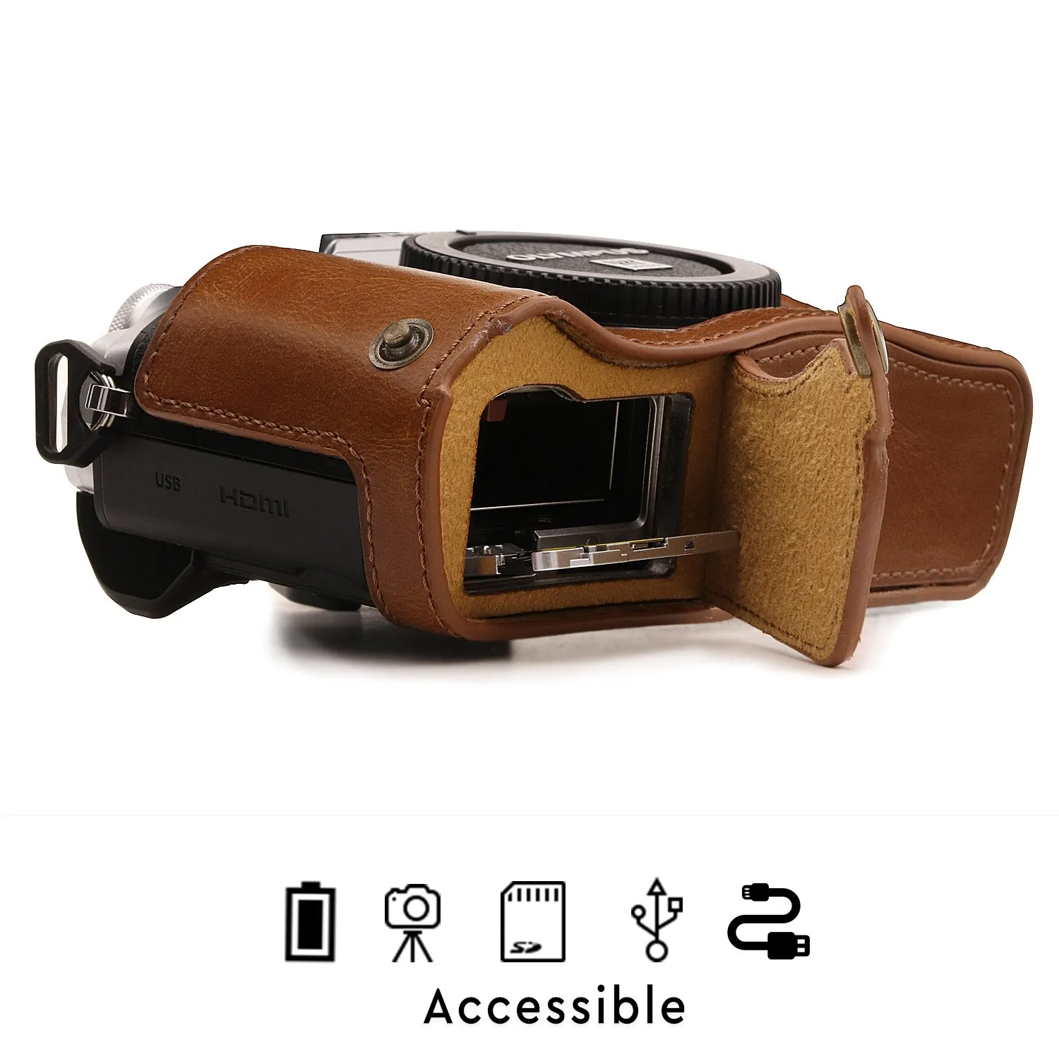 MegaGear Ever Ready mezza custodia pelle OM-D E-M10 Mark III marrone chiaro