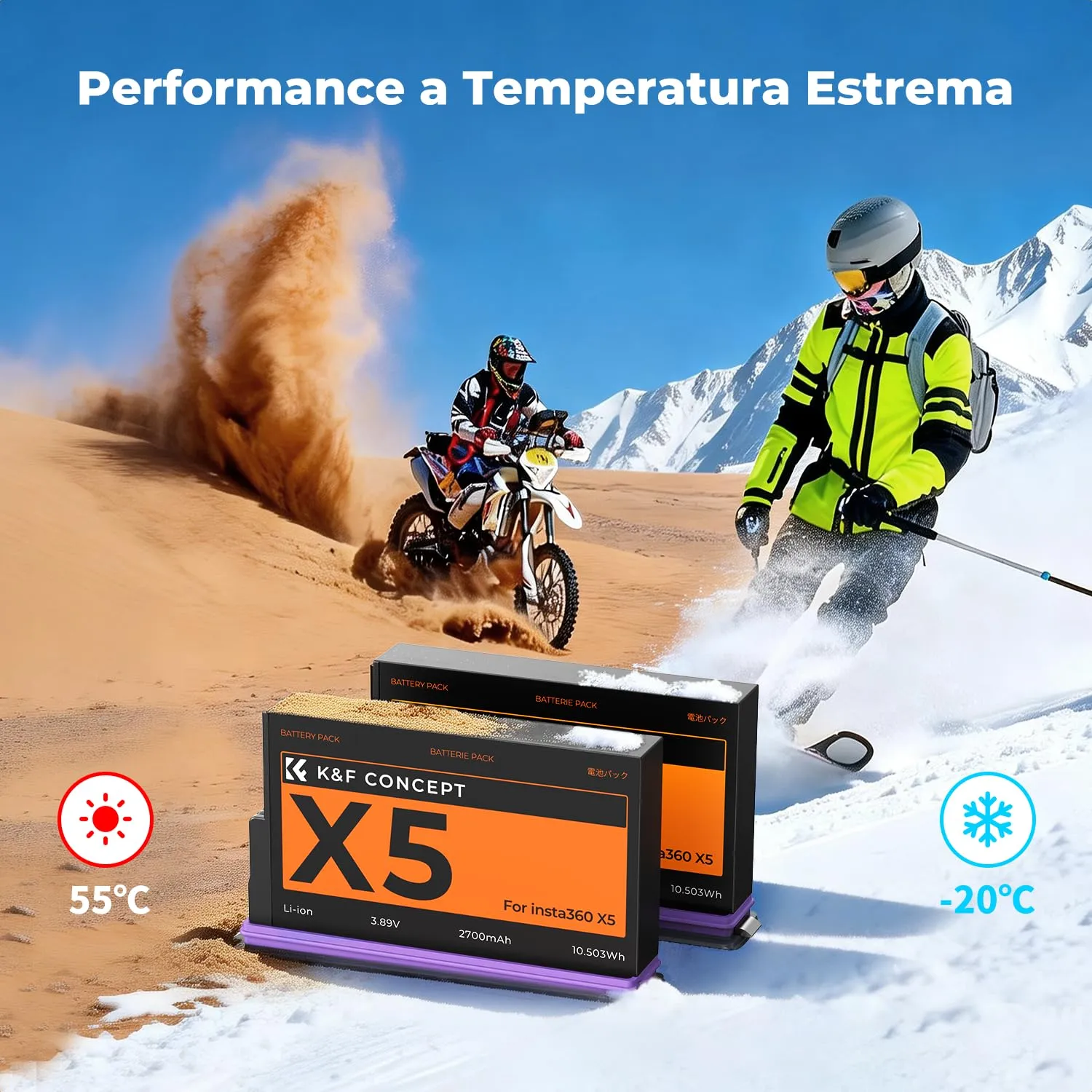 K&F Concept kit 2 batterie + caricabatterie Insta360 X5 2700mAh