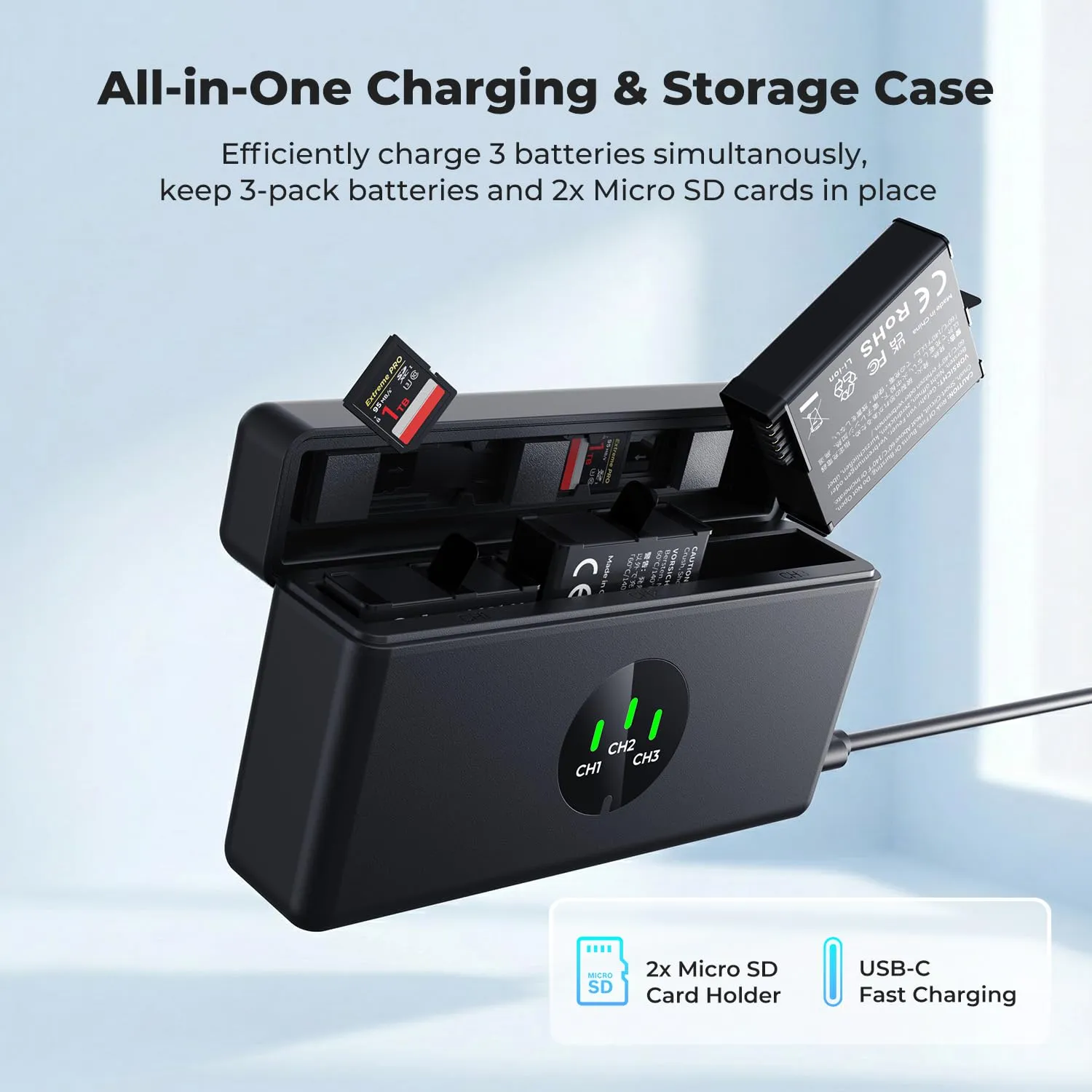K&F Concept Osmo Action Kit 3 Batterie 2100mAh + Box USB-C
