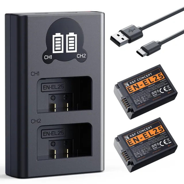 K&F Concept EN-EL25 Kit 2 Batterie + Caricabatterie Doppio LCD
