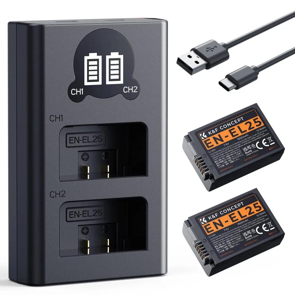 K&F Concept EN-EL25 Kit 2 Batterie + Caricabatterie Doppio LCD